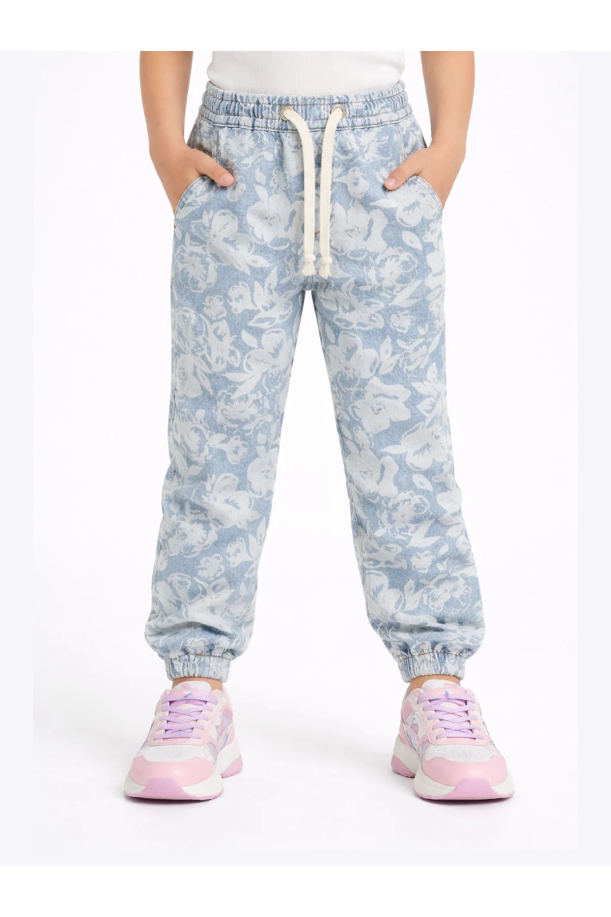 Çiçekli Stone Wash Kız Çocuk Jogger Pantolon