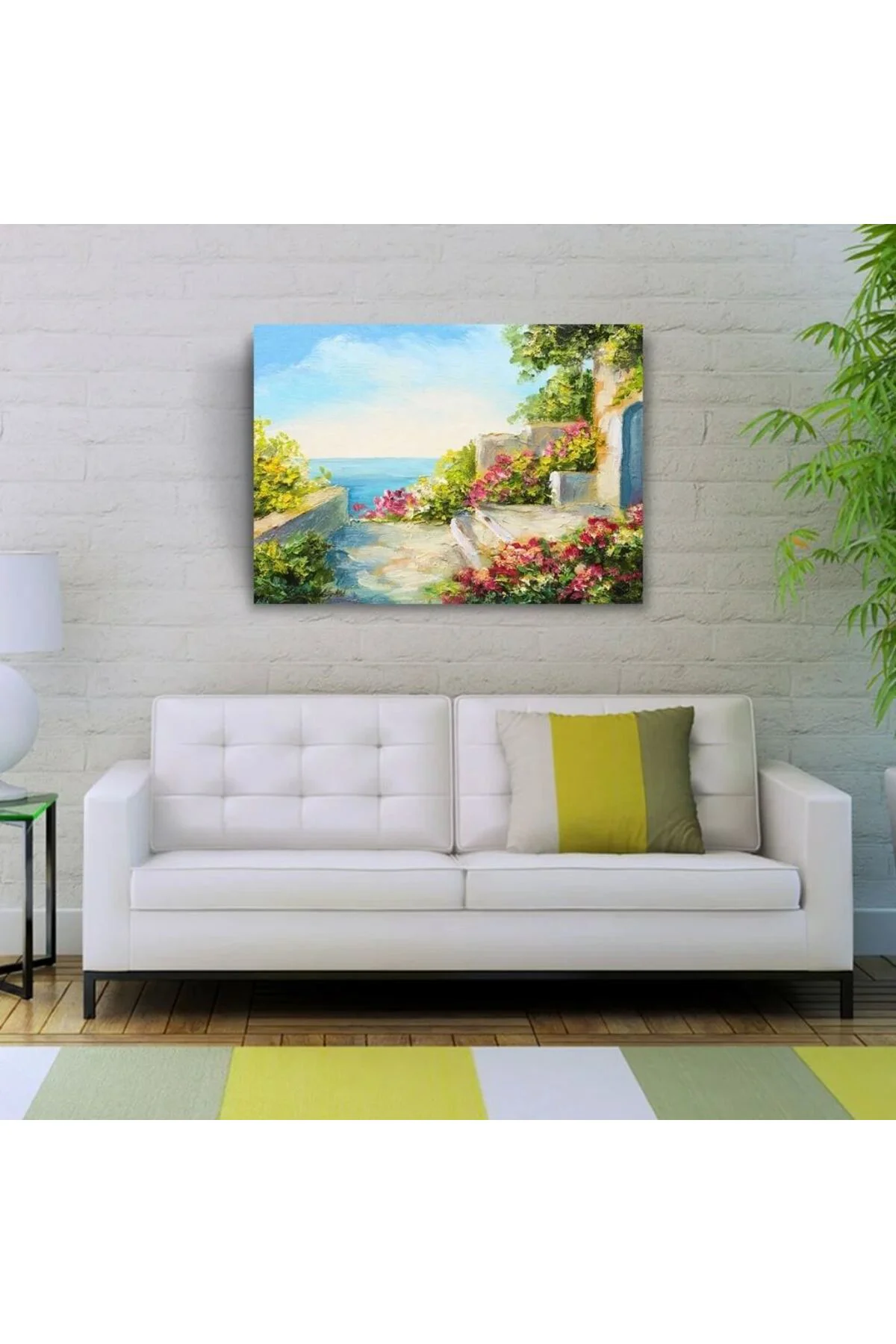Çiçekli Taş Teras ve Deniz Manzarası Yağlıboya Kanvas Tablo 50 x 70