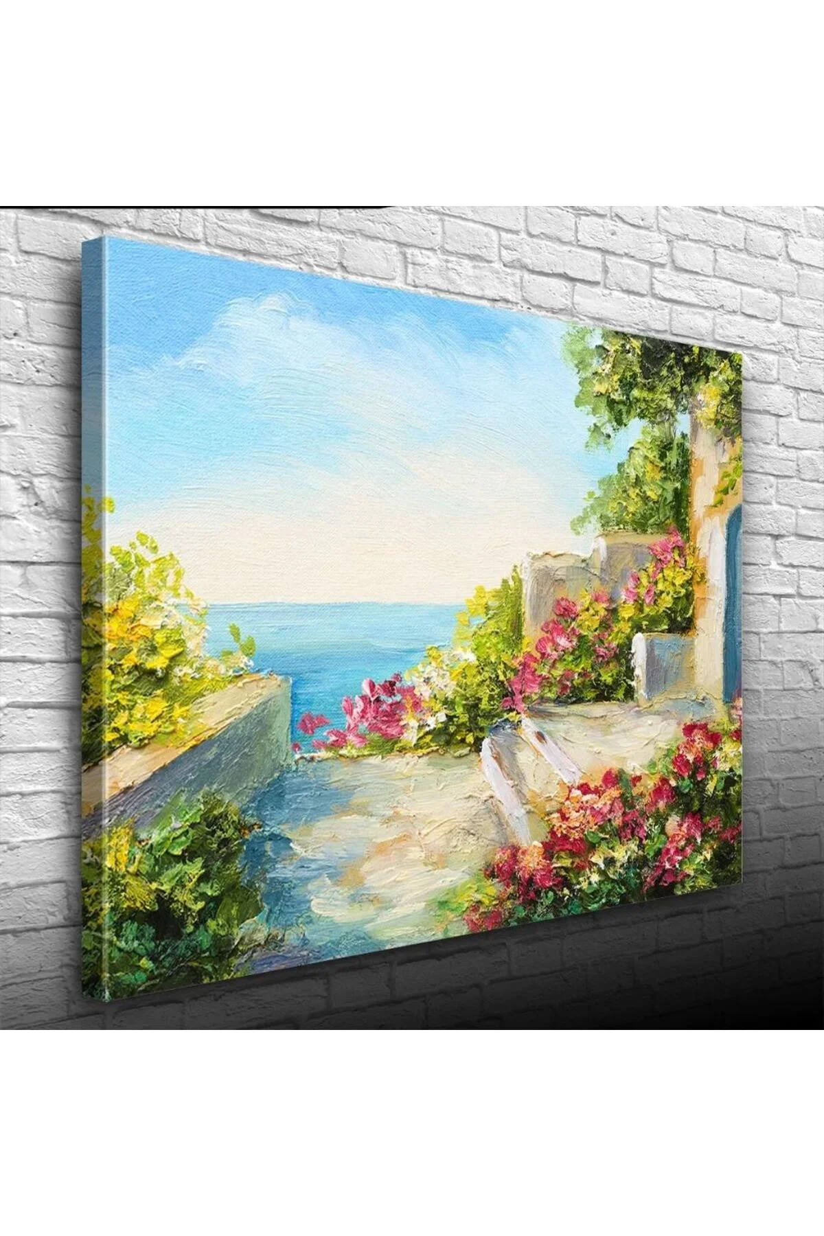 Çiçekli Taş Teras ve Deniz Manzarası Yağlıboya Kanvas Tablo 50 x 70