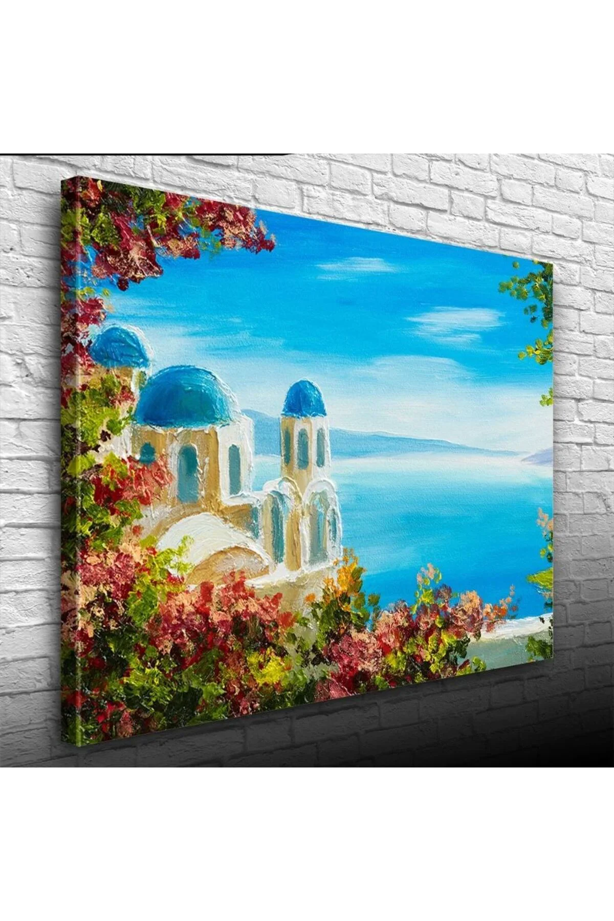 Çiçekli Terasta Mikanos ve Deniz Manzarası Yağlıboya Kanvas Tablo 50 x 70