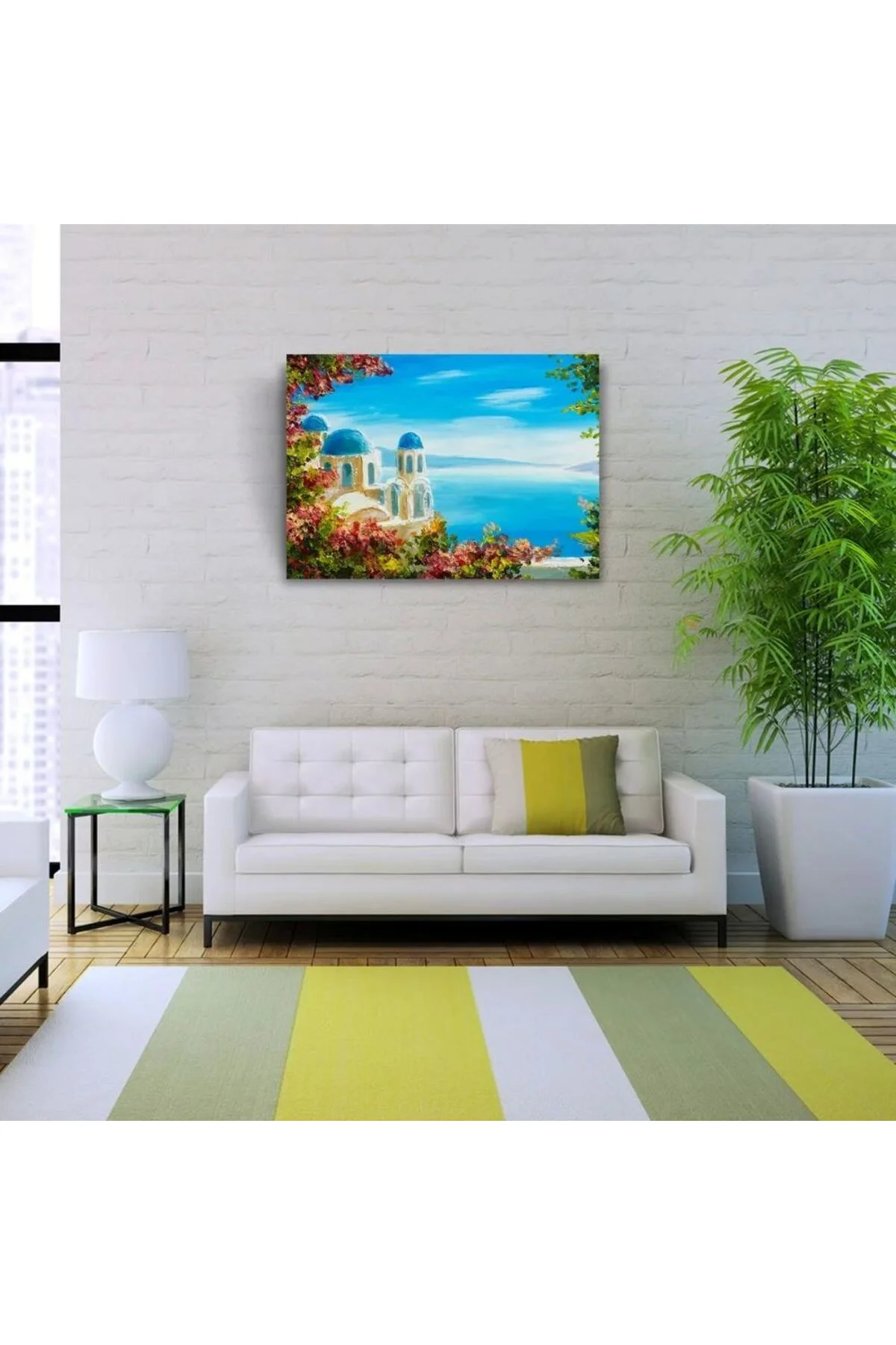 Çiçekli Terasta Mikanos ve Deniz Manzarası Yağlıboya Kanvas Tablo 50 x 70