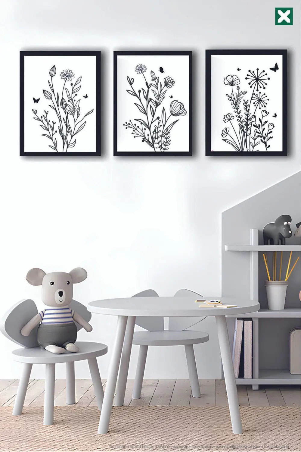 Çiçekli Ve Kelebekli 3’lü Çerçeve Görünümlü Modern MDF Tablo Seti