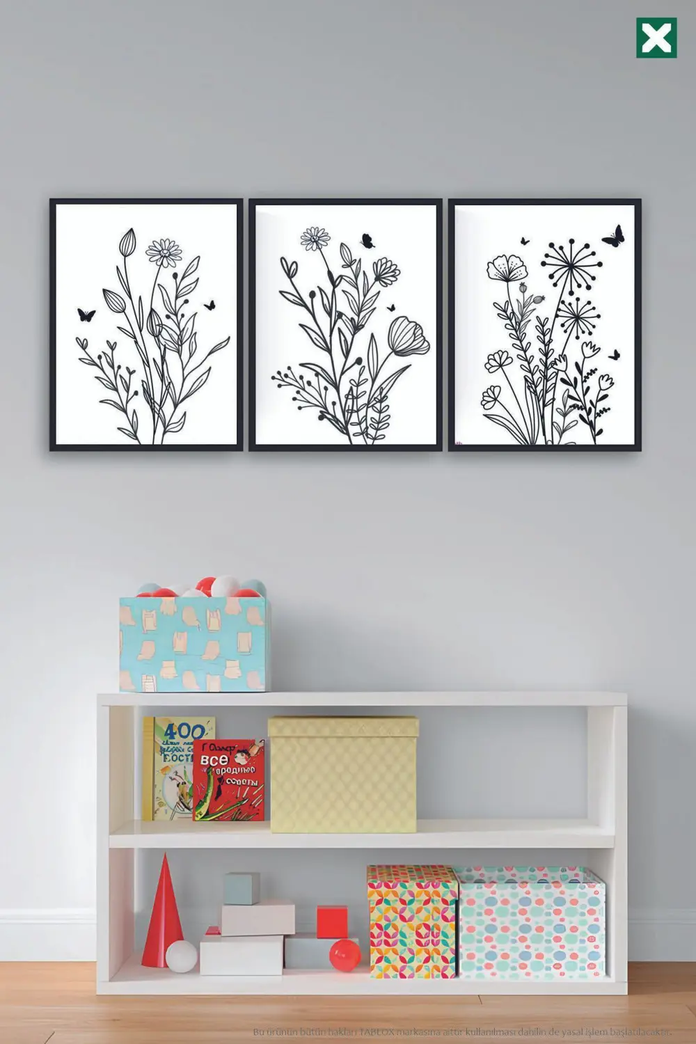 Çiçekli Ve Kelebekli 3’lü Çerçeve Görünümlü Modern MDF Tablo Seti