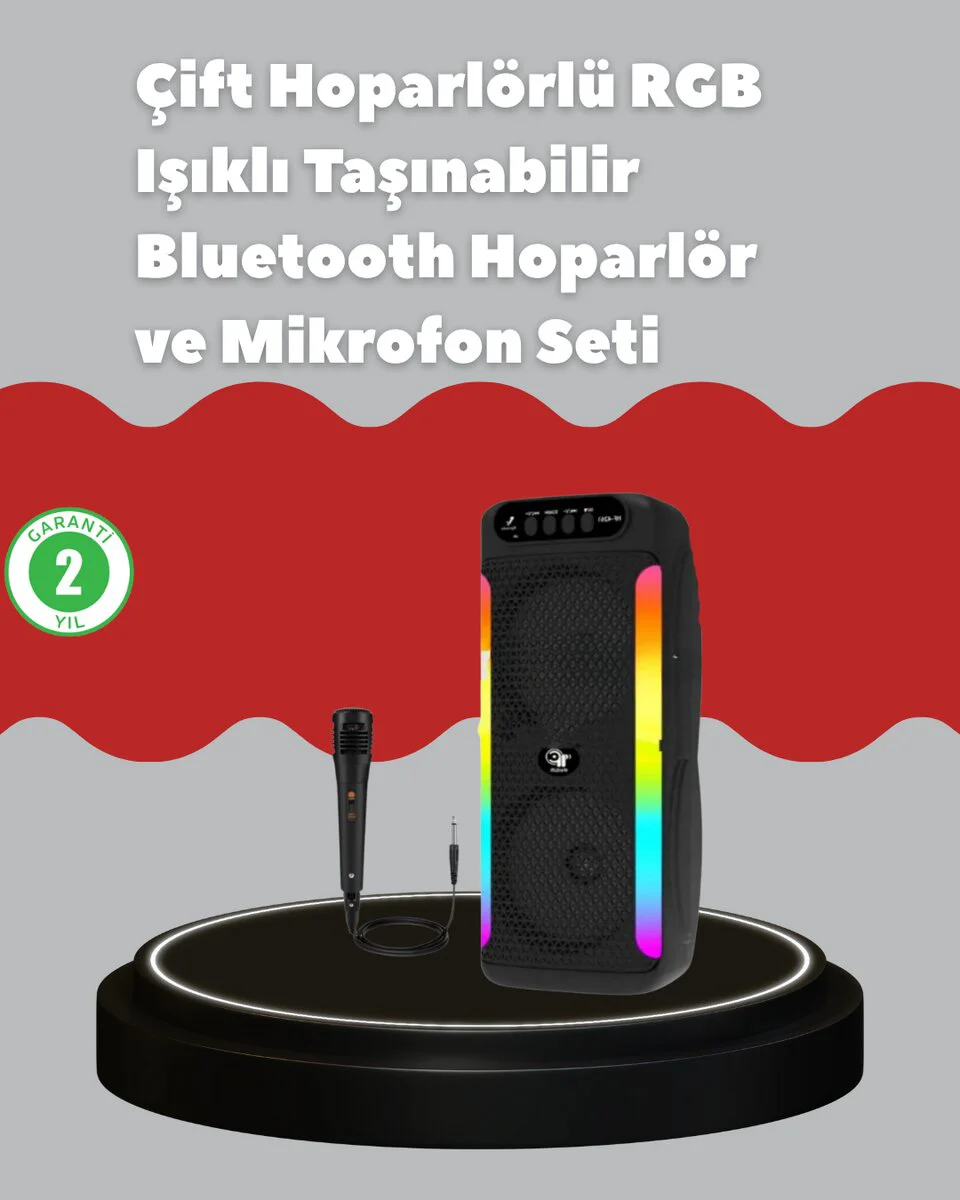 Çift 4 inç Hoparlörlü RGB Işıklı Bluetooth Ses Sistemi - Kablosuz Parti Hoparlörü