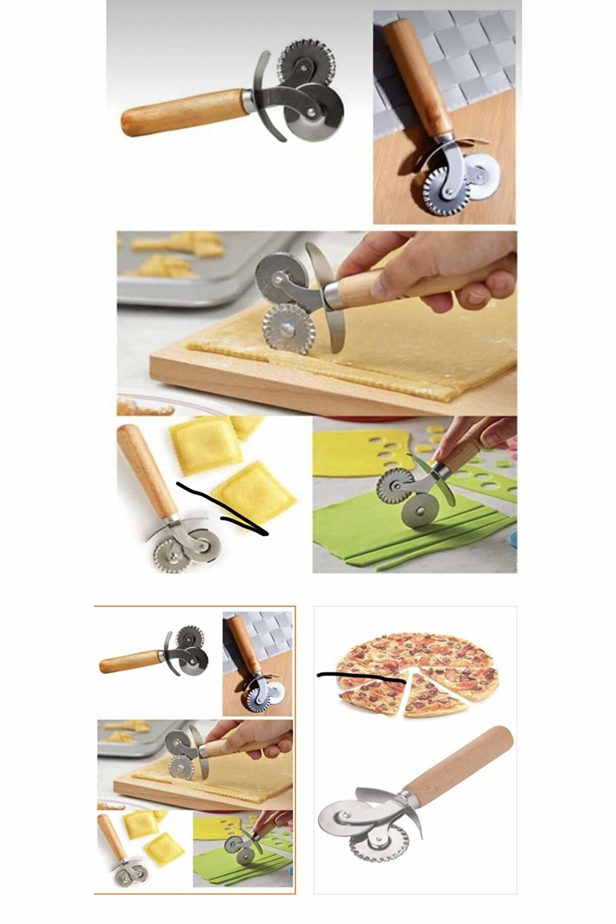 Just Cheap Store Çift Başlikli Ahşap Sapli Pizza Kesici Hamur Kesici