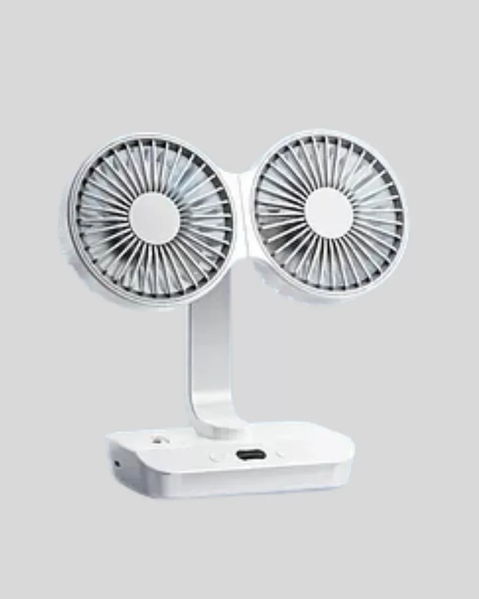 Çift Başlıklı Masaüstü Fan – Gece Lambalı USB Serinletici | 4 Hız Seçeneği ve 720° Dönüş