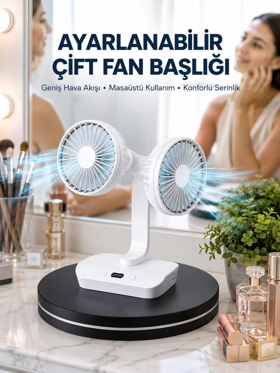 Çift Başlıklı Masaüstü Fan – Gece Lambalı USB Serinletici | 4 Hız Seçeneği ve 720° Dönüş