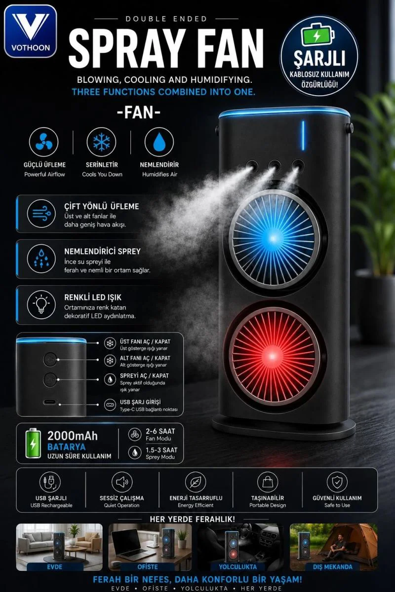 Çift Başlıklı Sprey Fan Nemlendirici – Şarjlı Vantilatör, LED Işıklı Taşınabilir Serinletici Çift Başlıklı Sprey Fan Nemlendirici – Şarjlı Vantilatör, LED Işıklı Taşınabilir Serinletici