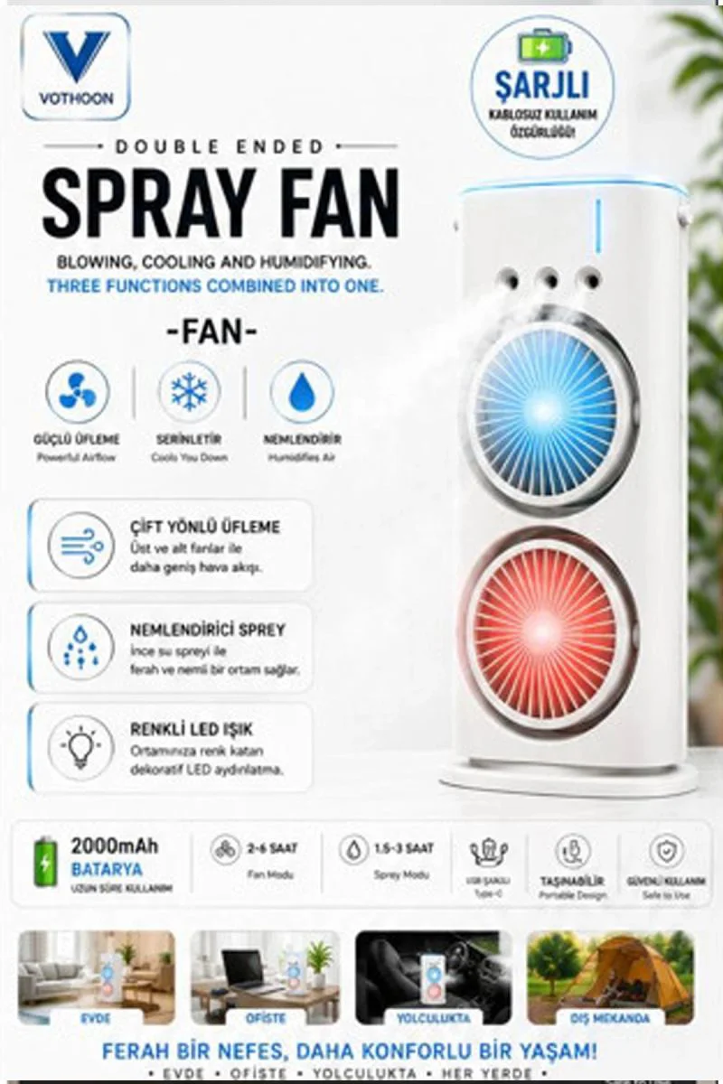 Çift Başlıklı Sprey Fanlı Nemlendirici – LED Işıklı Şarjlı Vantilatör | USB Type-C Taşınabilir Serinletici Fiyatı, Yorumları ve Özellikleri