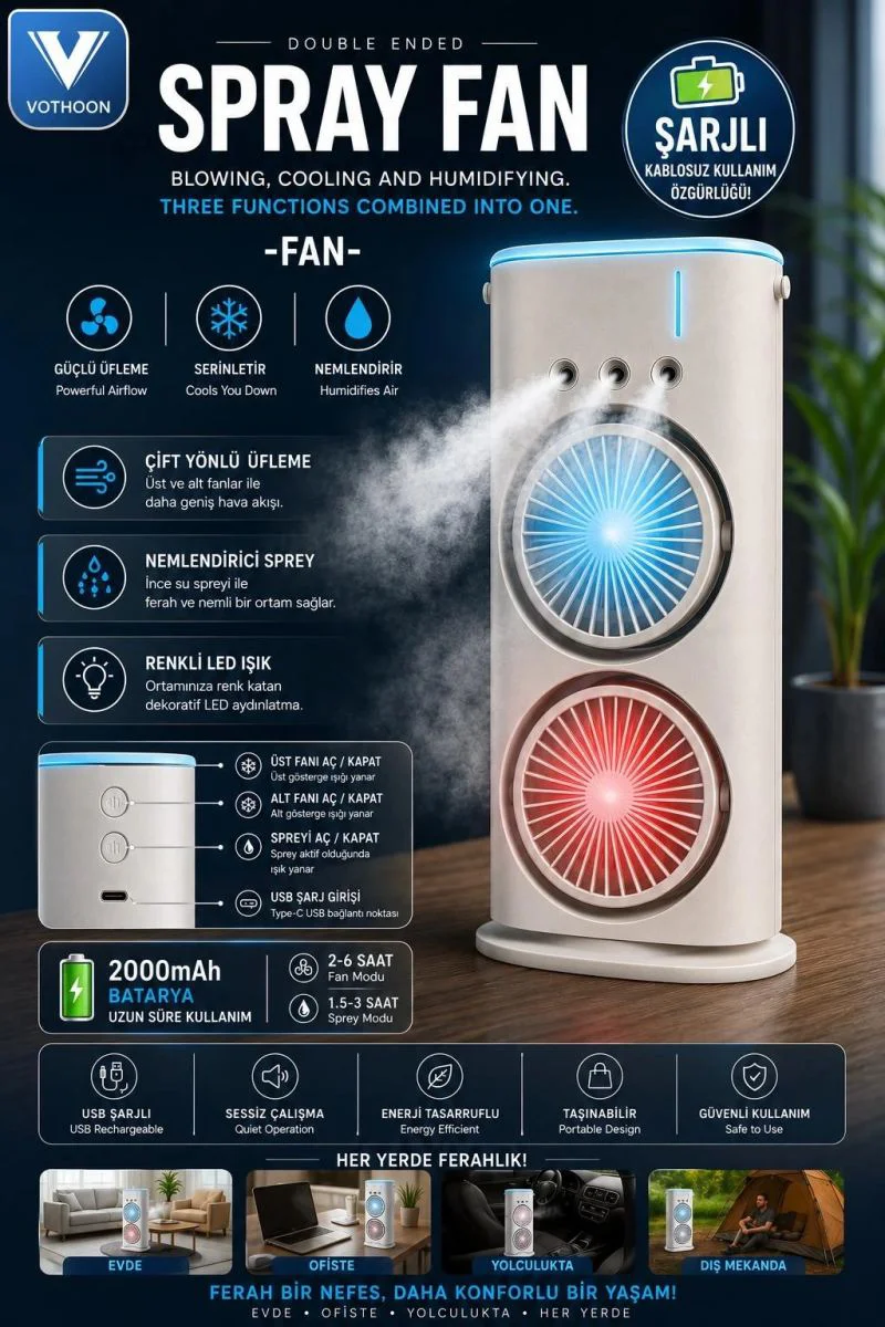 Çift Başlıklı Sprey Fanlı Nemlendirici – LED Işıklı Şarjlı Vantilatör | USB Type-C Taşınabilir Serinletici Fiyatı, Yorumları ve Özellikleri