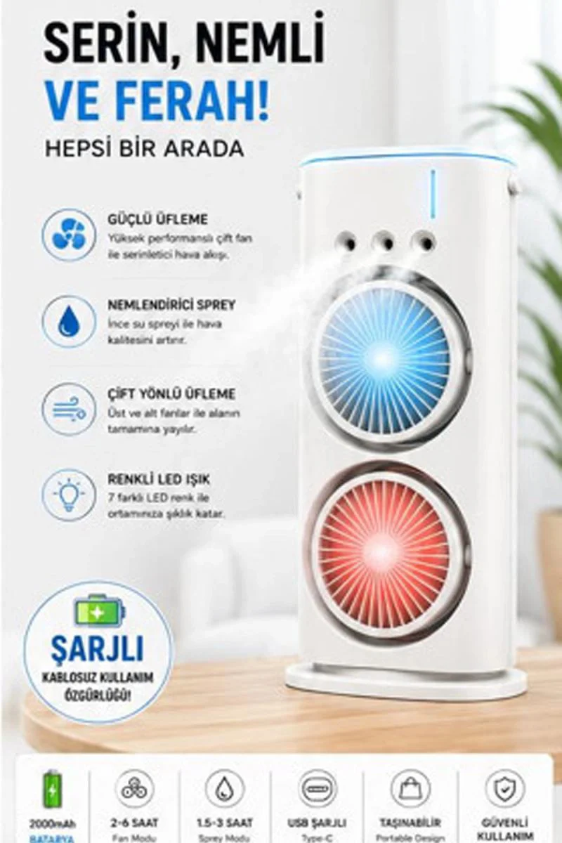 Çift Başlıklı Sprey Fanlı Nemlendirici – LED Işıklı Şarjlı Vantilatör | USB Type-C Taşınabilir Serinletici Fiyatı, Yorumları ve Özellikleri