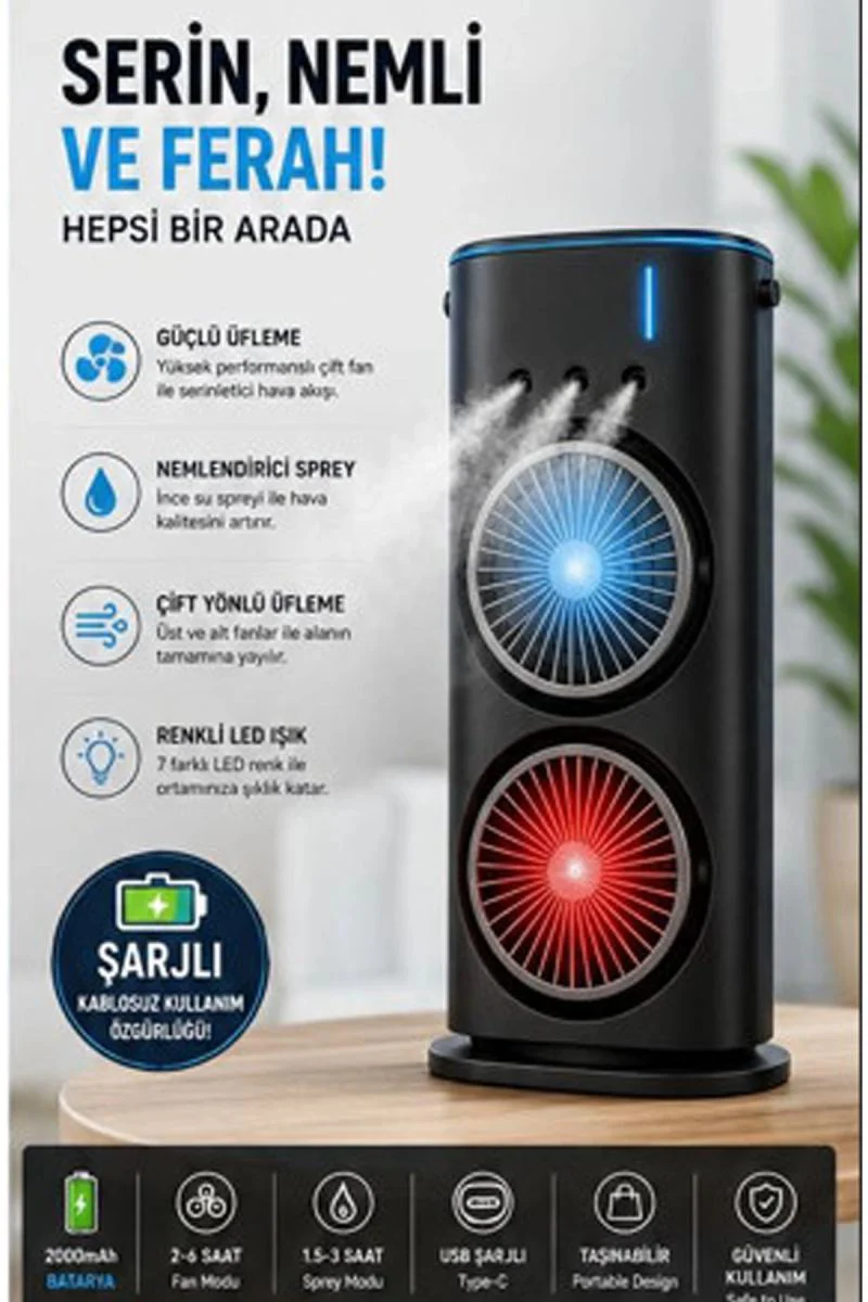 Çift Başlıklı Sprey Fan Nemlendirici – Şarjlı Vantilatör, LED Işıklı Taşınabilir Serinletici Çift Başlıklı Sprey Fan Nemlendirici – Şarjlı Vantilatör, LED Işıklı Taşınabilir Serinletici