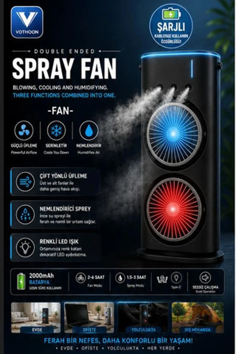 Çift Başlıklı Sprey Fan Nemlendirici – Şarjlı Vantilatör, LED Işıklı Taşınabilir Serinletici Çift Başlıklı Sprey Fan Nemlendirici – Şarjlı Vantilatör, LED Işıklı Taşınabilir Serinletici