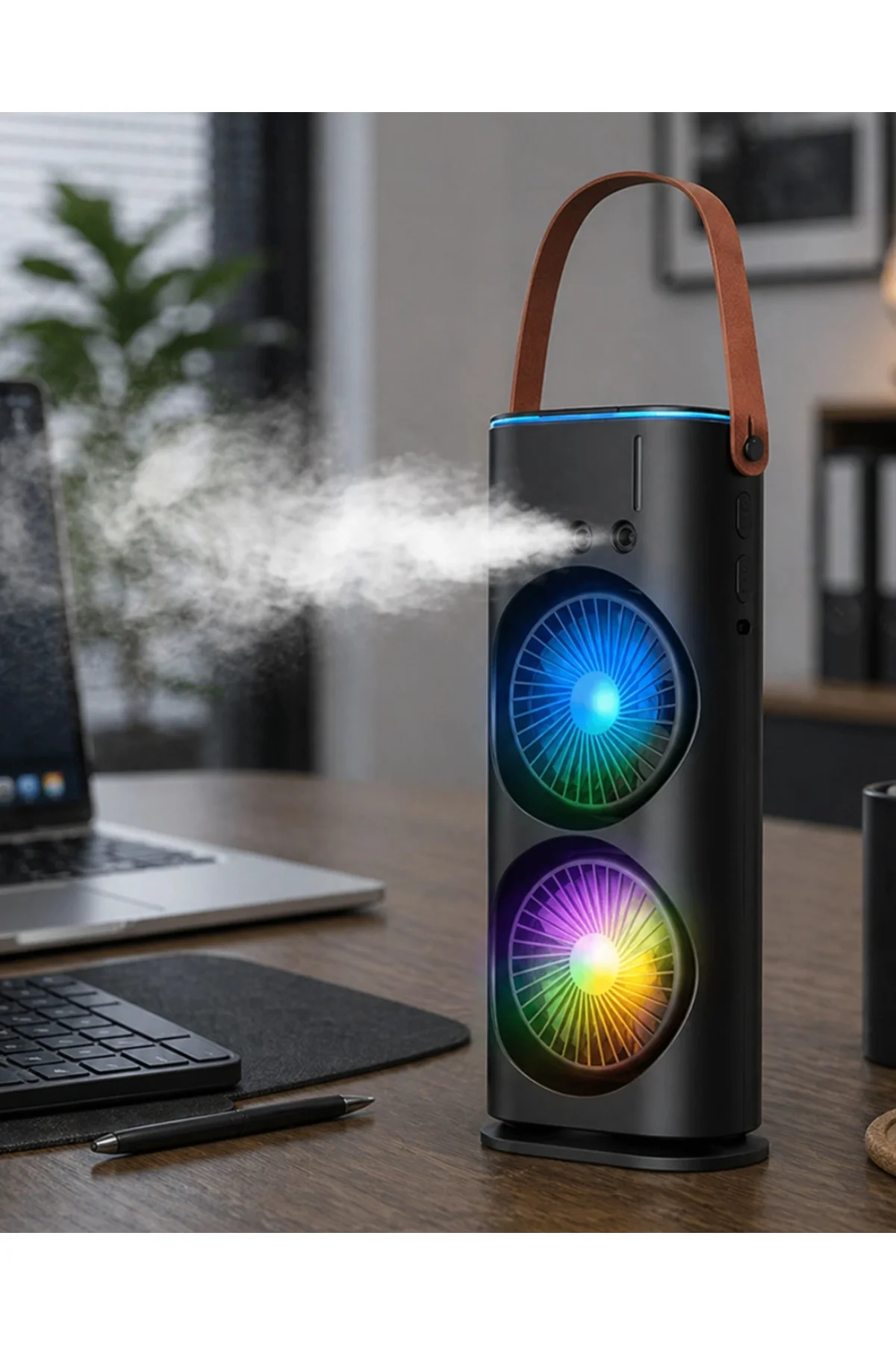 Çift Başlıklı Taşınabilir Fan RGB Işıklı Sprey Nemlendiricili Masaüstü Serinletici Fan