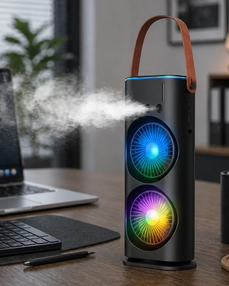 Çift Başlıklı Taşınabilir Fan RGB Sprey Nemlendirici - Masaüstü Serinletici & Dekoratif Soğutucu
