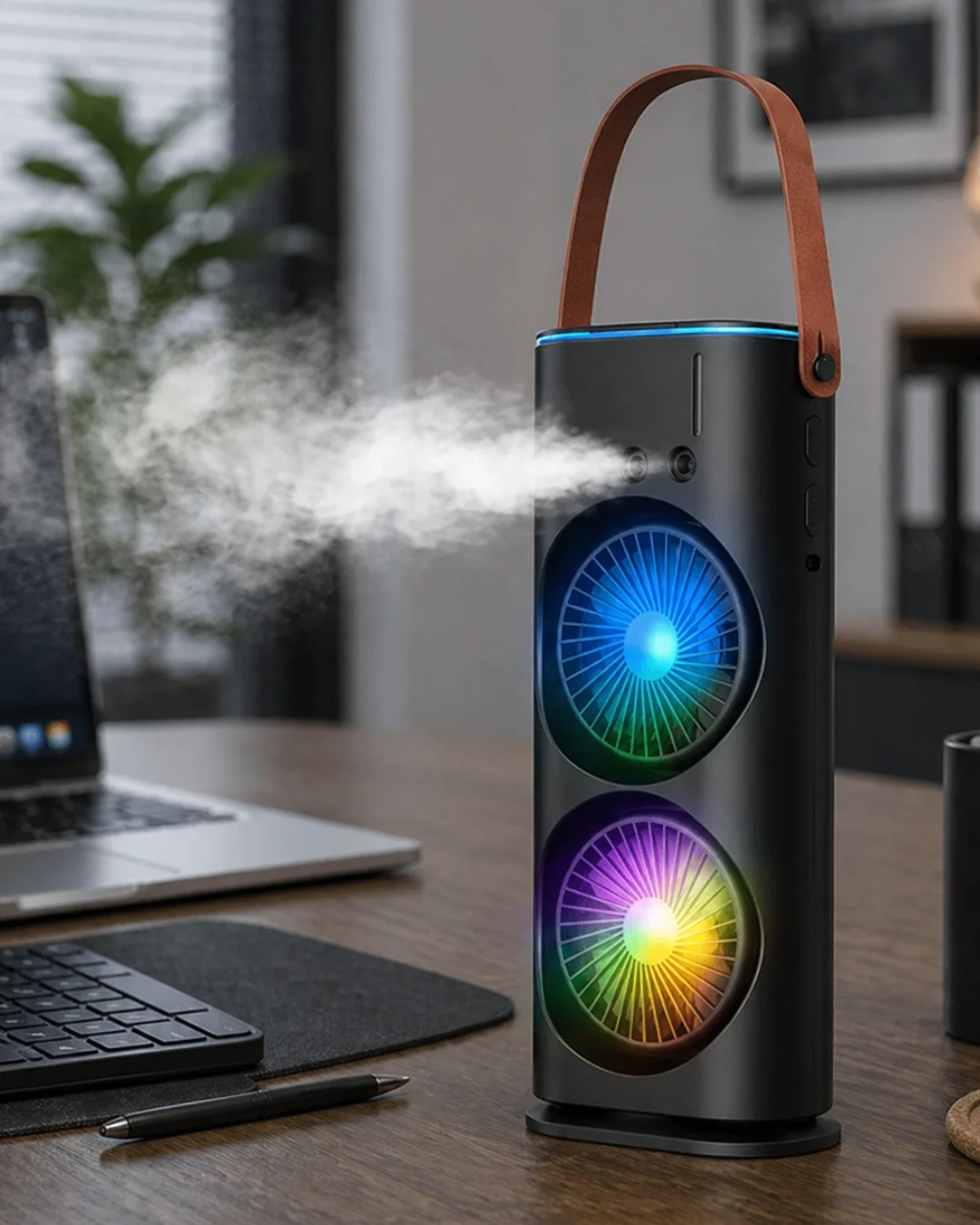 Çift Başlıklı Taşınabilir Fan RGB Işıklı Sprey Nemlendiricili Masaüstü Serinletici Fan Çift Başlıklı Taşınabilir Fan RGB Işıklı Sprey Nemlendiricili Masaüstü Serinletici Fan