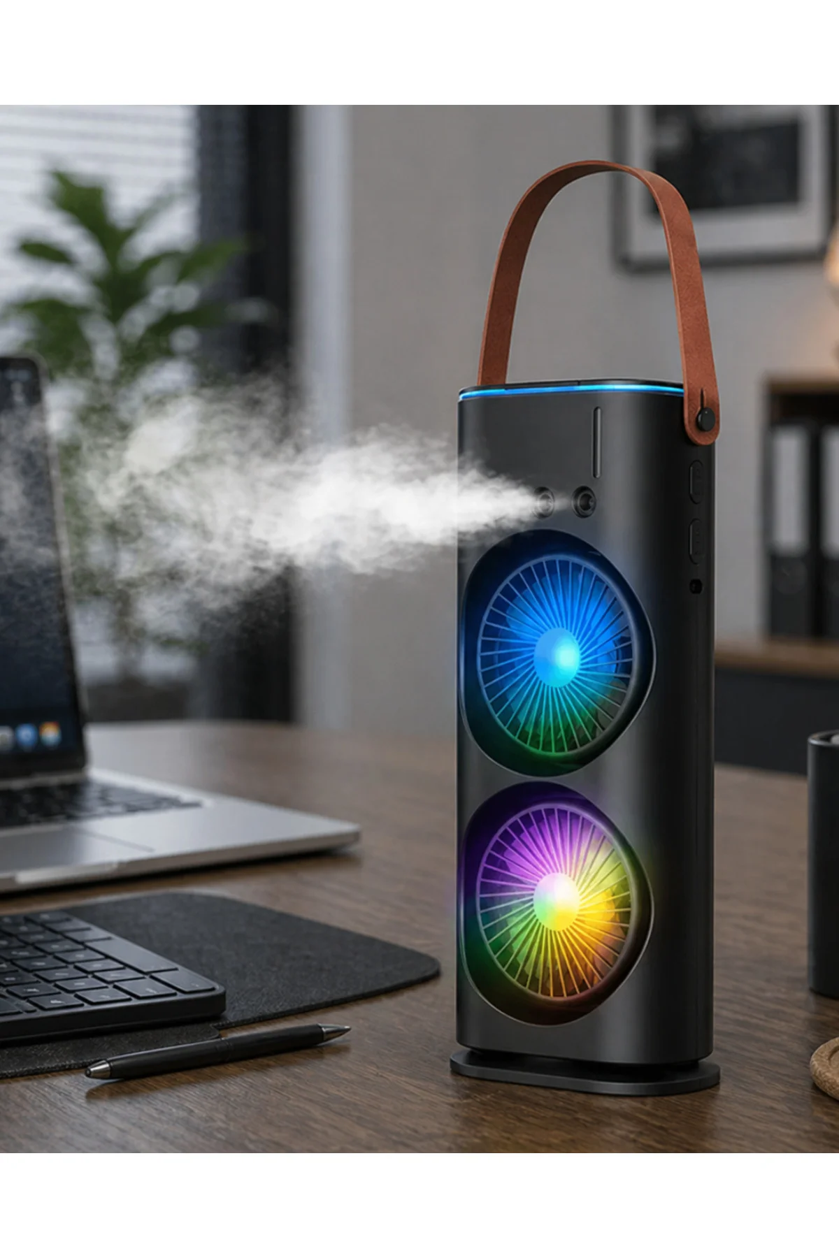 Çift Başlıklı Taşınabilir Fan RGB Işıklı Sprey Nemlendiricili Masaüstü Serinletici Fan