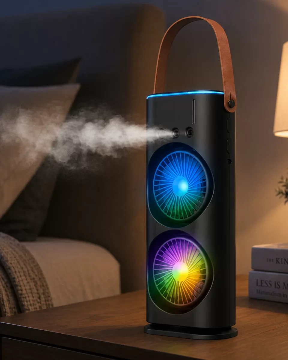 Çift Başlıklı USB Şarjlı Buharlı Masaüstü Fan - Sessiz RGB Serinletici