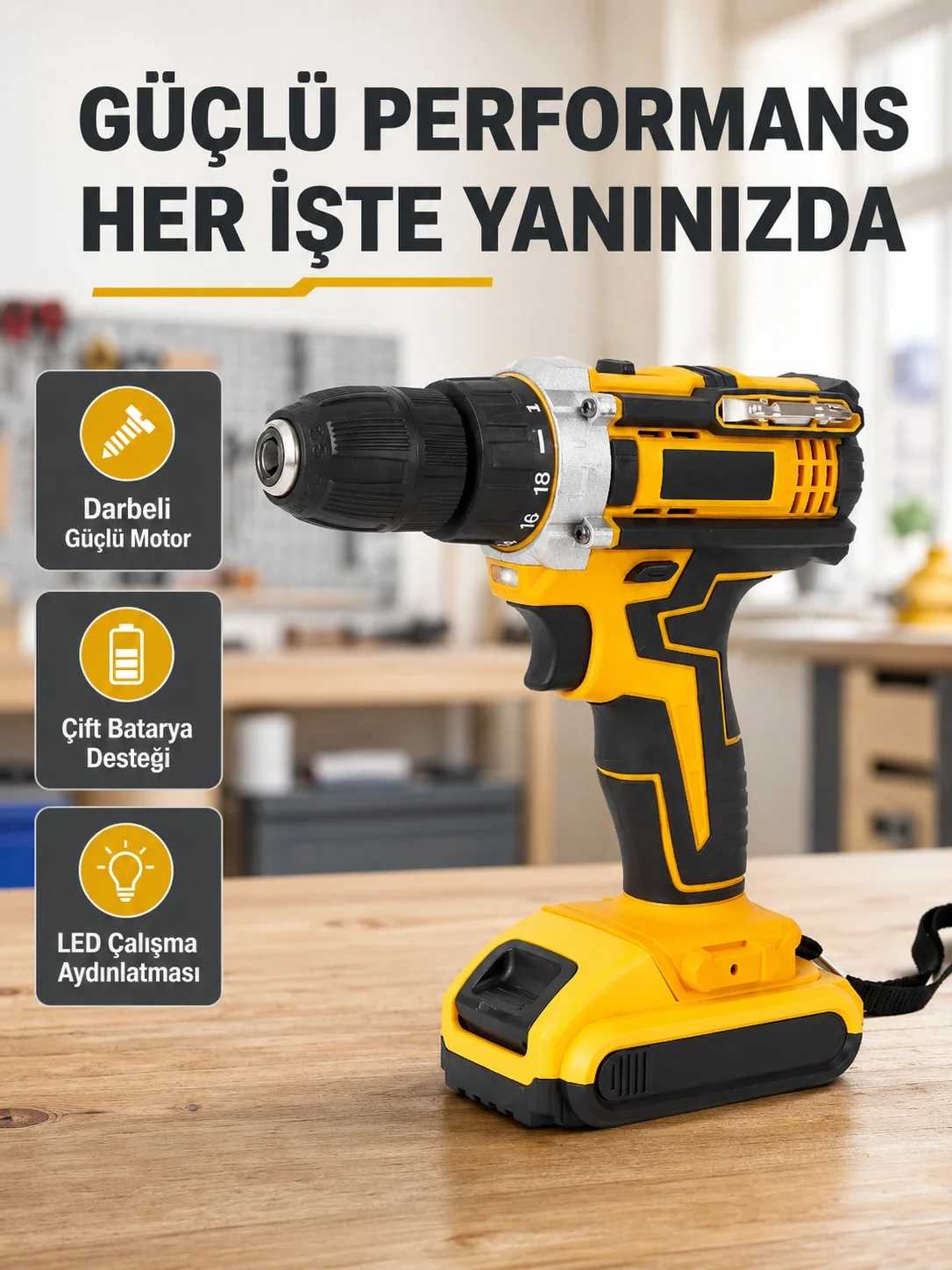 Çift Bataryalı Darbeli Şarjlı Matkap Seti – Metal Dişli, 24 Parça Aksesuar ve LED Işıklı
