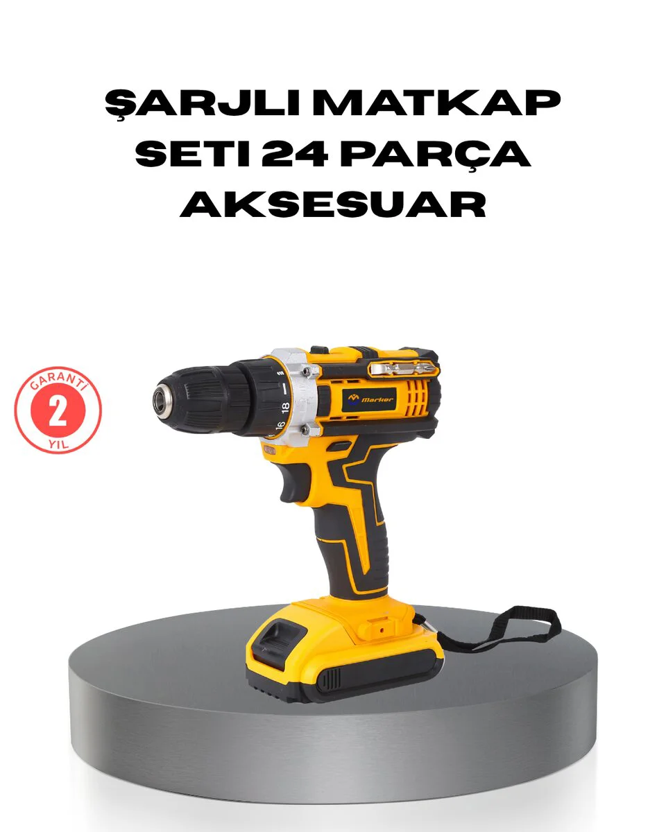 Çift Bataryalı Darbeli Şarjlı Matkap Seti – Metal Dişli 24 Parça Aksesuar ve LED Işıklı