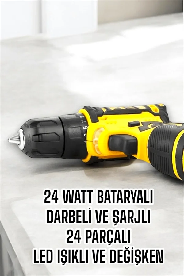 Çift Bataryalı Metal Dişli Darbeli Şarjlı Matkap Seti 24W Güç ve 24 Parça Aksesuar Çift Bataryalı Metal Dişli Darbeli Şarjlı Matkap Seti 24W Güç ve 24 Parça Aksesuar