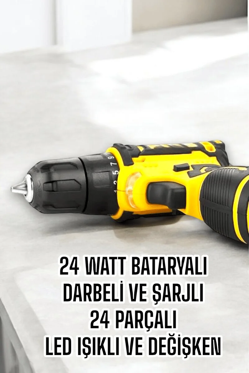 Çift Bataryalı Metal Dişli Darbeli Şarjlı Matkap Seti 24W Güç ve 