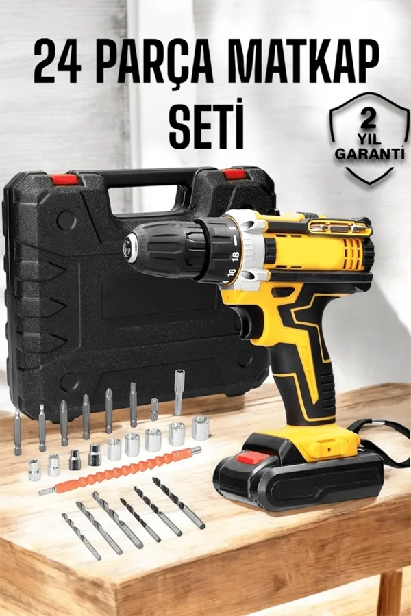 Çift Bataryalı Metal Dişli Darbeli Şarjlı Matkap Seti 24W Güç ve 24 Parça Aksesuar Çift Bataryalı Metal Dişli Darbeli Şarjlı Matkap Seti 24W Güç ve 24 Parça Aksesuar
