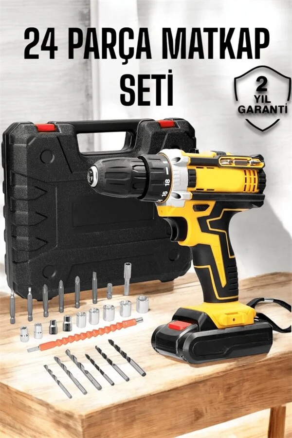 Çift Bataryalı Metal Dişli Darbeli Matkap Seti 24W Güç - 24 Parça Aksesuar