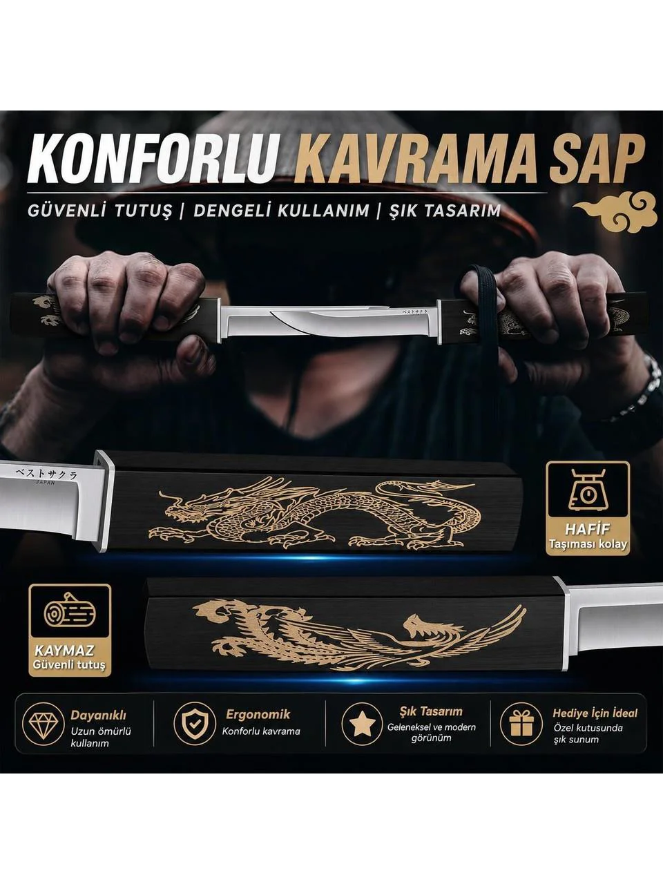 Çift Bıçak Tanto Siyah Ejder M390 Çelik Kamp ve Koleksiyon İçin