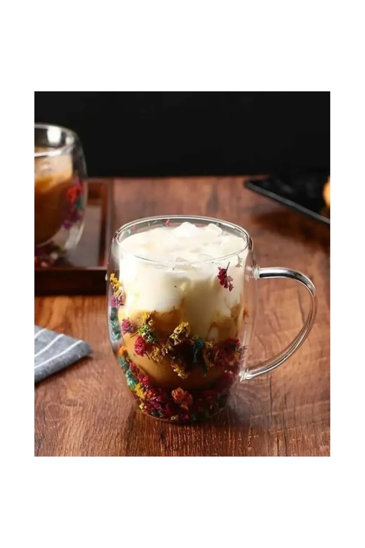 Çift Cidarlı Borosilikat Cam, Renkli Kuru Çiçek Tasarımlı, 350 ML