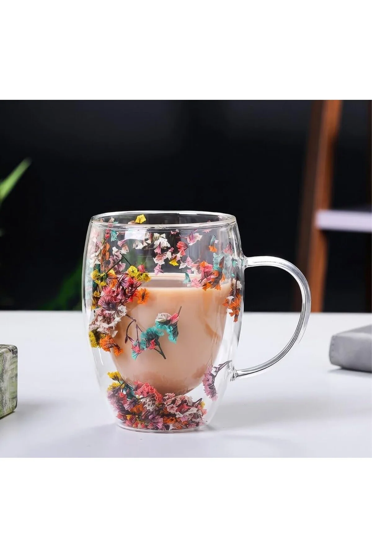 Çift Cidarlı Borosilikat Cam, Renkli Kuru Çiçek Tasarımlı, 350 ML