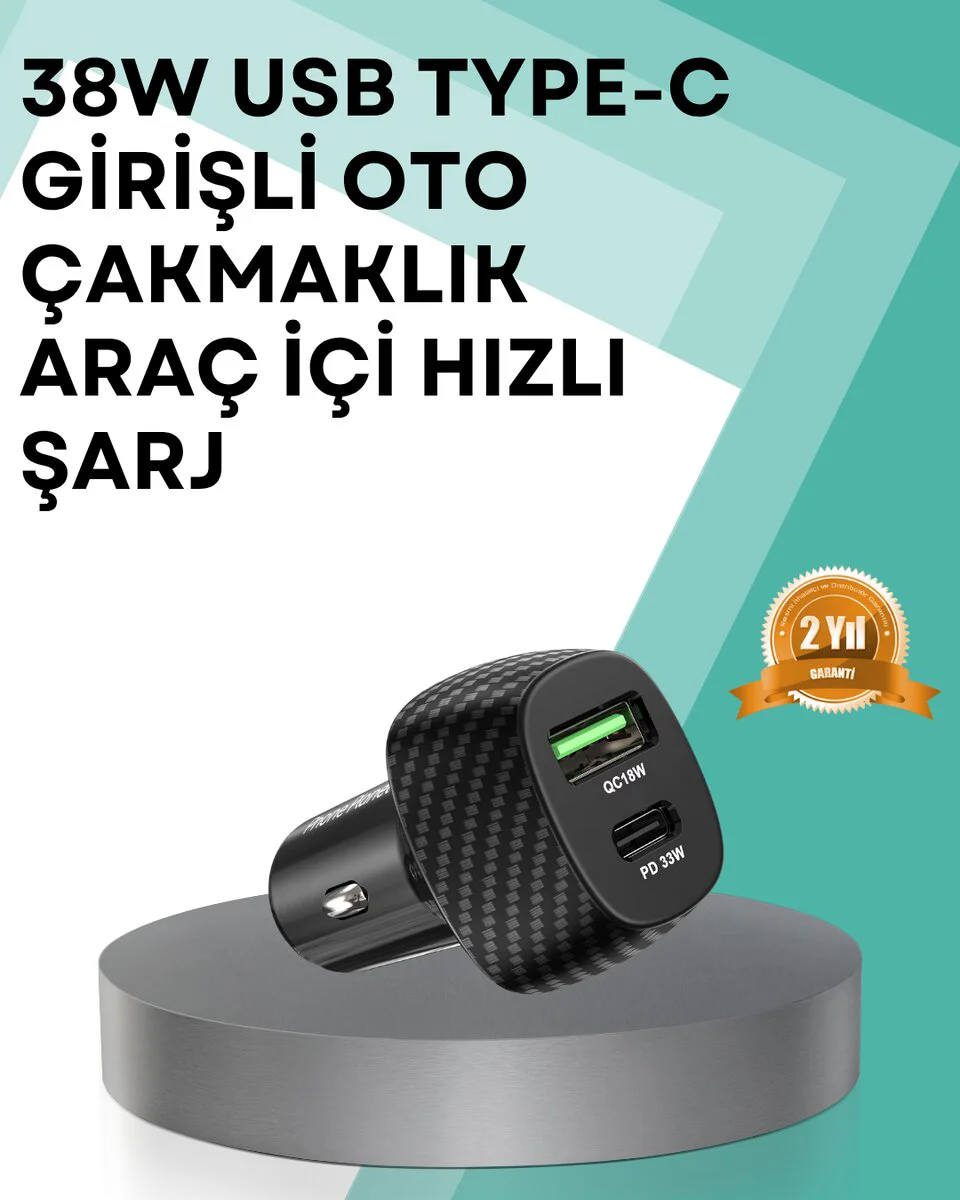 Çift Cihaz Destekli 38W Araç Şarj Cihazı - Hızlı USB-C Power Delivery ve Standart USB Şarj