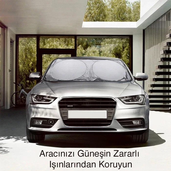 Çift Daireli Gümüş Kaplama Ön Cam Güneş Kalkanı Branda - Araç İç Mekan Koruyucu