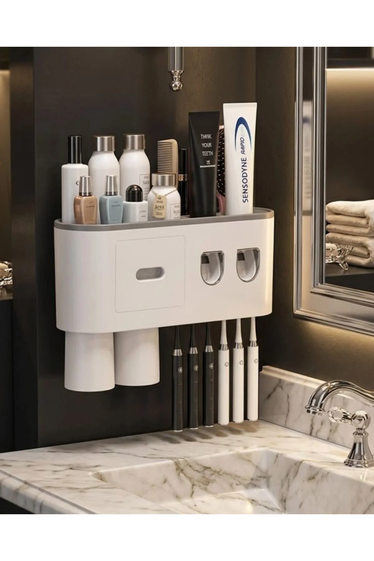 Çift Dispenserli Diş Macunu Sıkacağı 6 Fırçalık Bardaklı Banyo Or