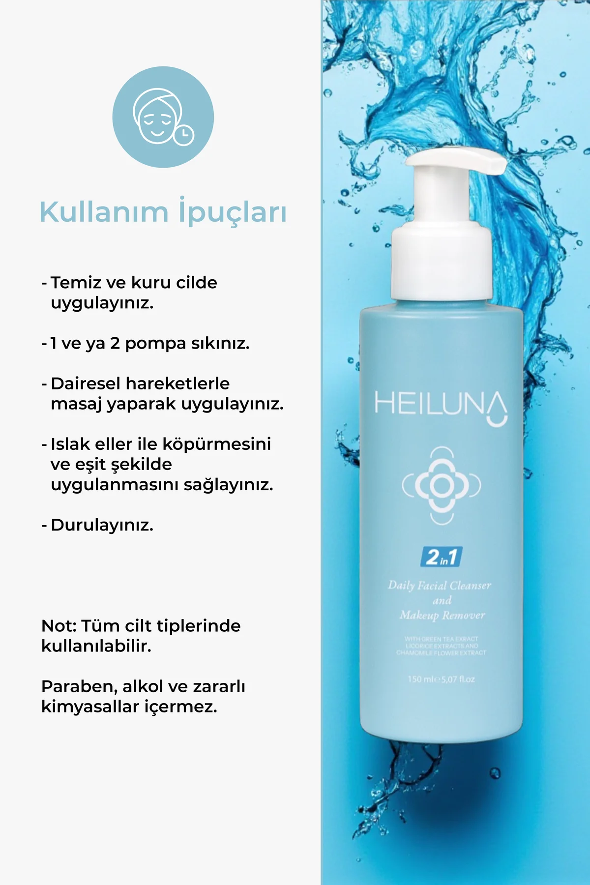 Çift Etkili Yüz & Makyaj Temizleyici 150 ml – Yeşil Çay, Meyan Kö