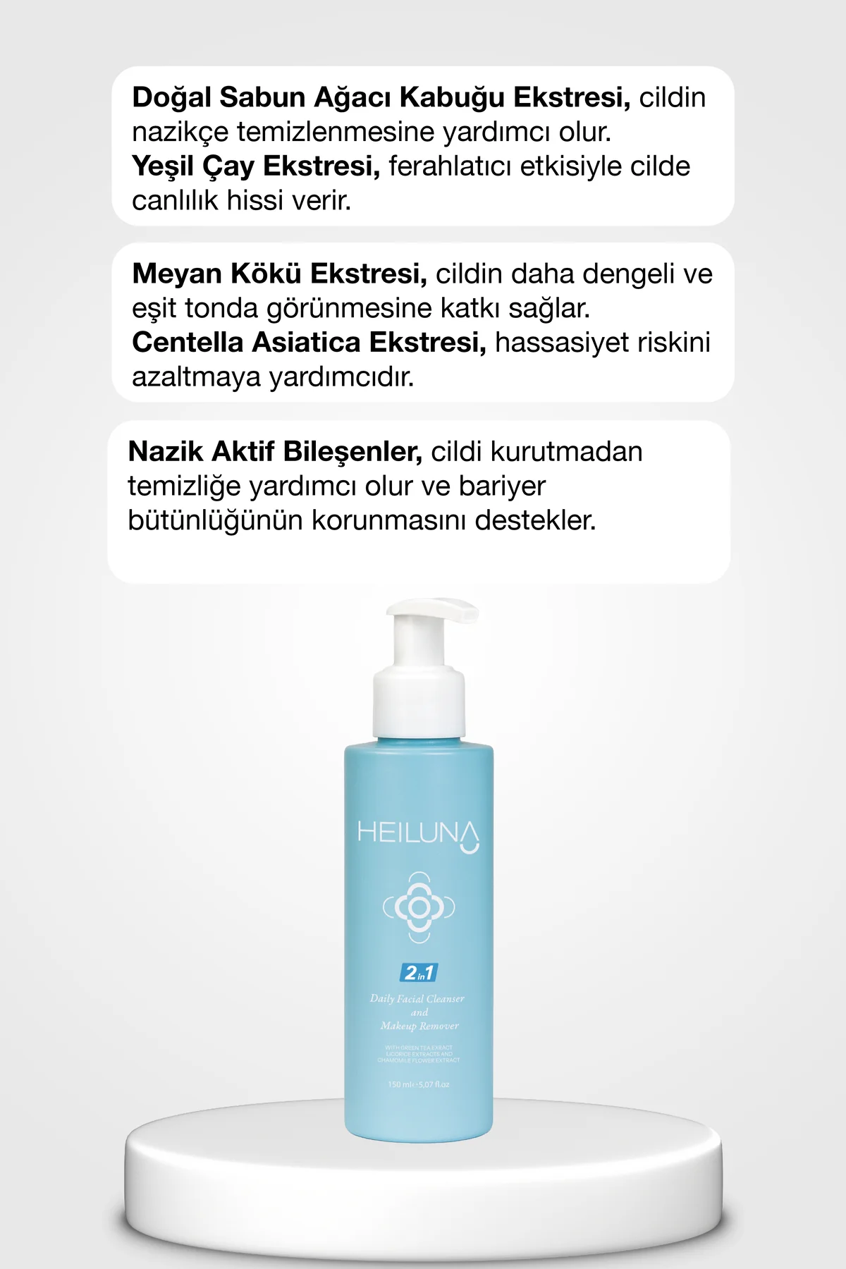 Çift Etkili Yüz & Makyaj Temizleyici 150 ml – Yeşil Çay, Meyan Kö