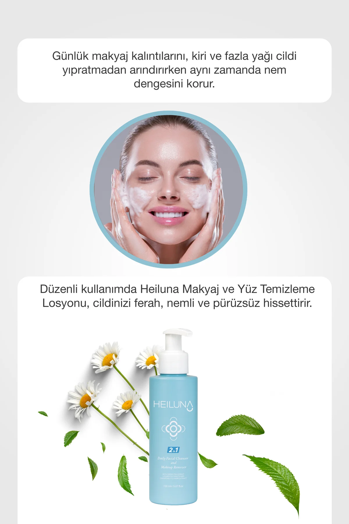 Çift Etkili Yüz & Makyaj Temizleyici 150 ml – Yeşil Çay, Meyan Kö