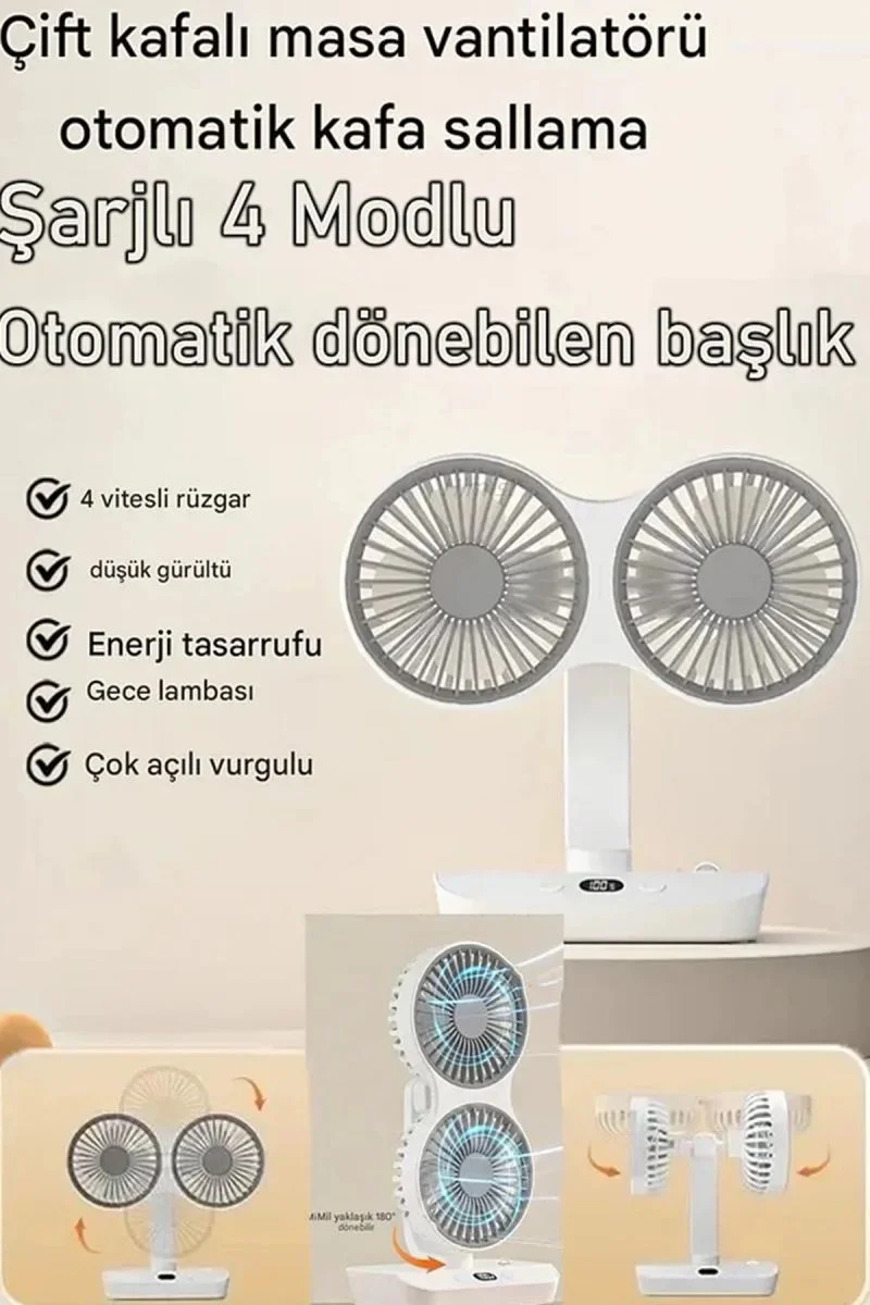 Çift Fanlı Masaüstü Vantilatör - Dijital Ekranlı LED Şarjlı Soğutucu Fan Fiyatı, Yorumları ve Özellikleri