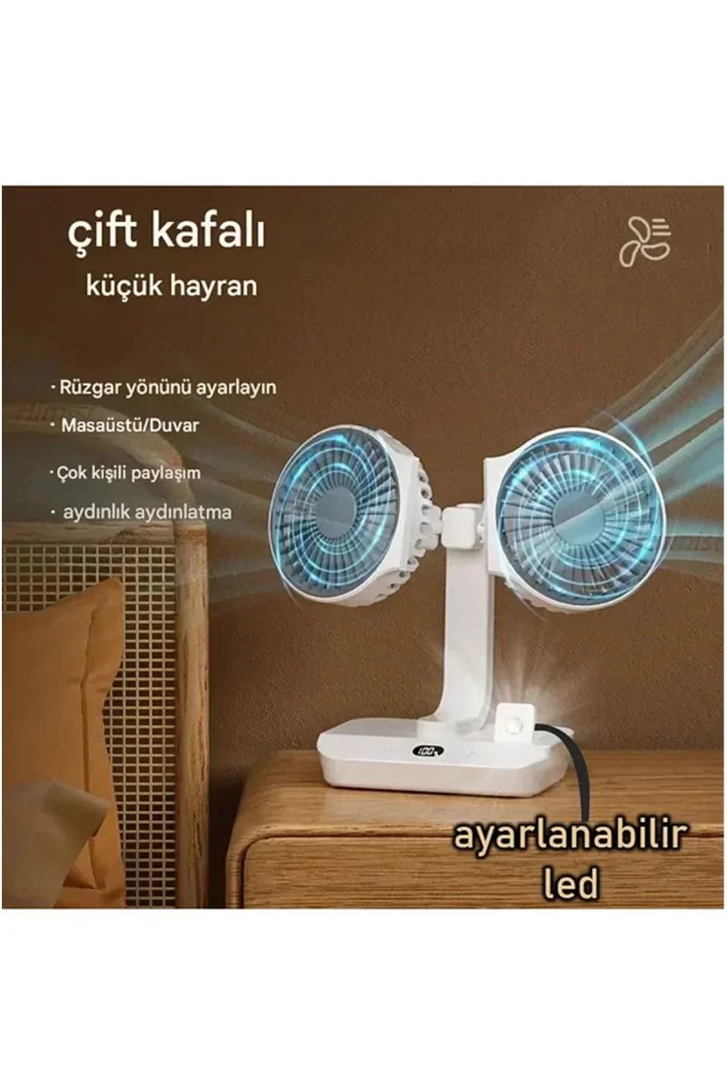 Çift Fanlı Masaüstü Vantilatör - Dijital Ekranlı LED Şarjlı Soğutucu Fan Fiyatı, Yorumları ve Özellikleri