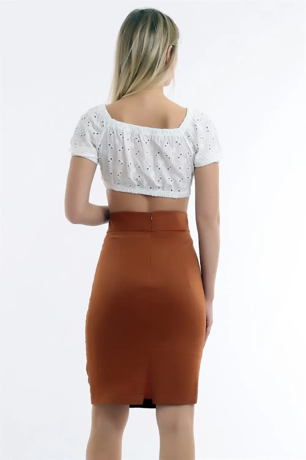 Çift Fletolu Bedeni Saran Cepli Kalem Etek