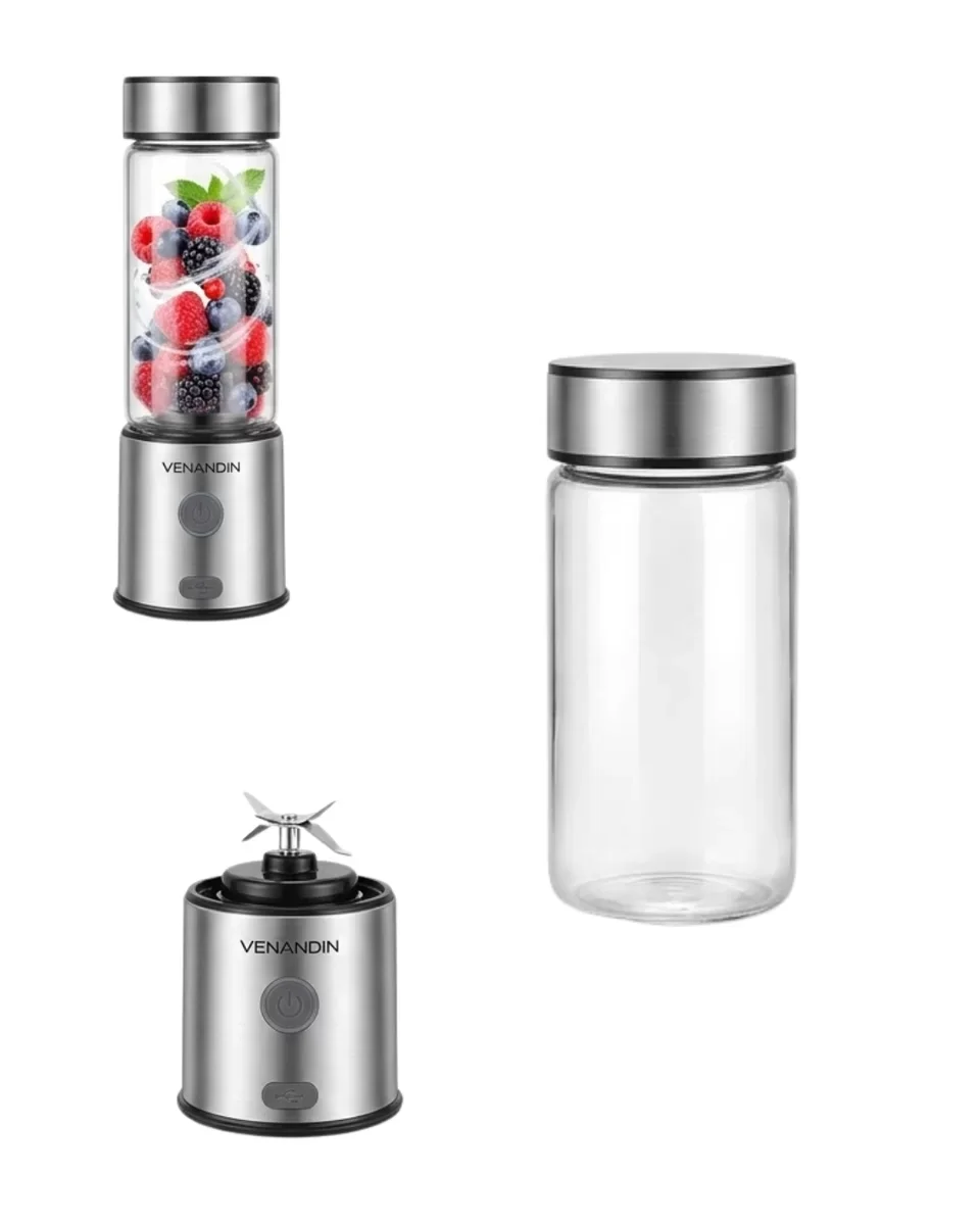 Çift Hazneli Cam Blender USB Şarjlı Smoothie ve Buz Kırıcı - 126W Güç ve 4000mAh Batarya