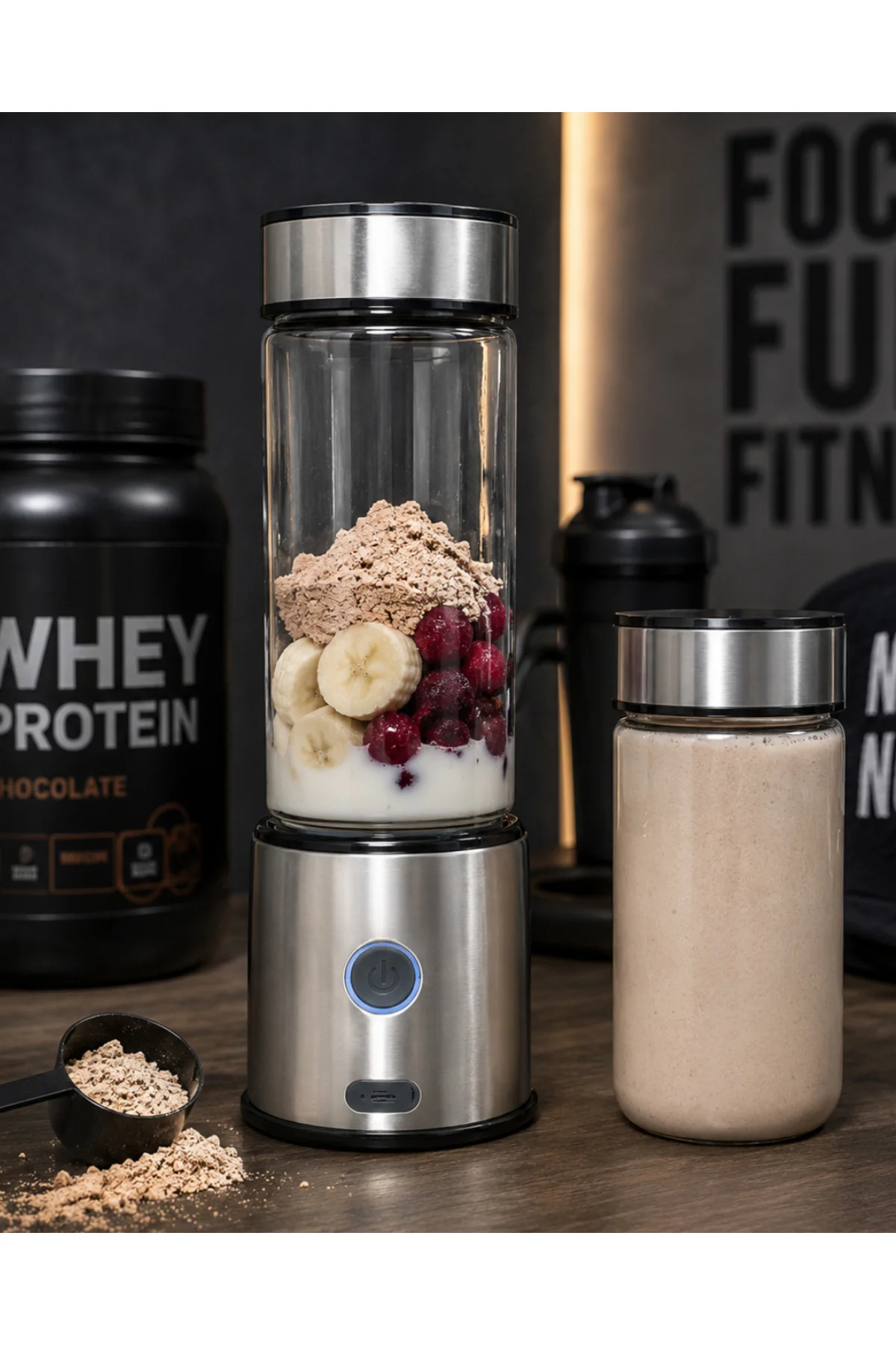 Çift Hazneli Cam Blender USB Şarjlı Smoothie ve Buz Kırıcı Blende