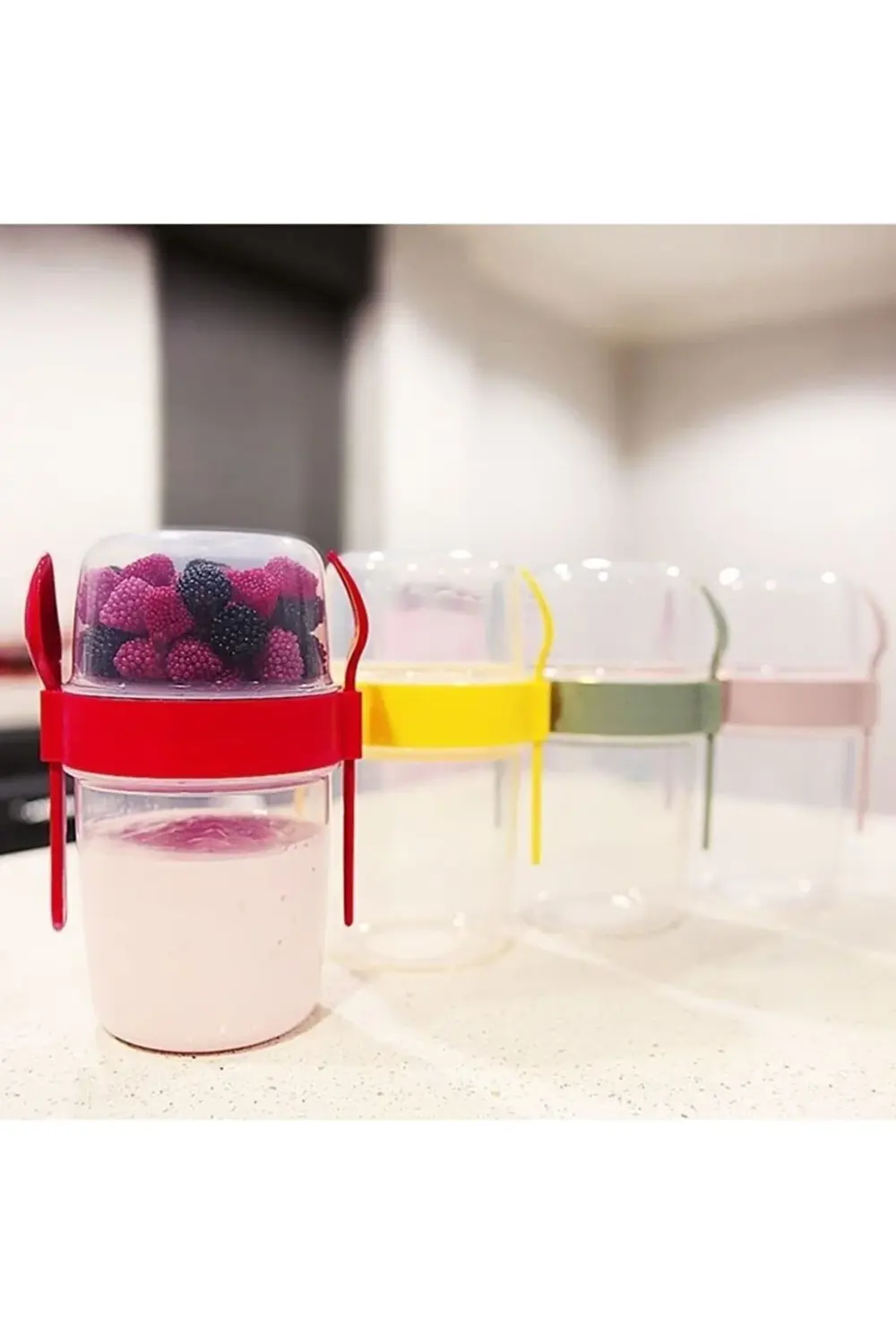 Çift Hazneli Çatal Kaşıklı Müsli Yemek Taşıma Saklama Kabı Pembe