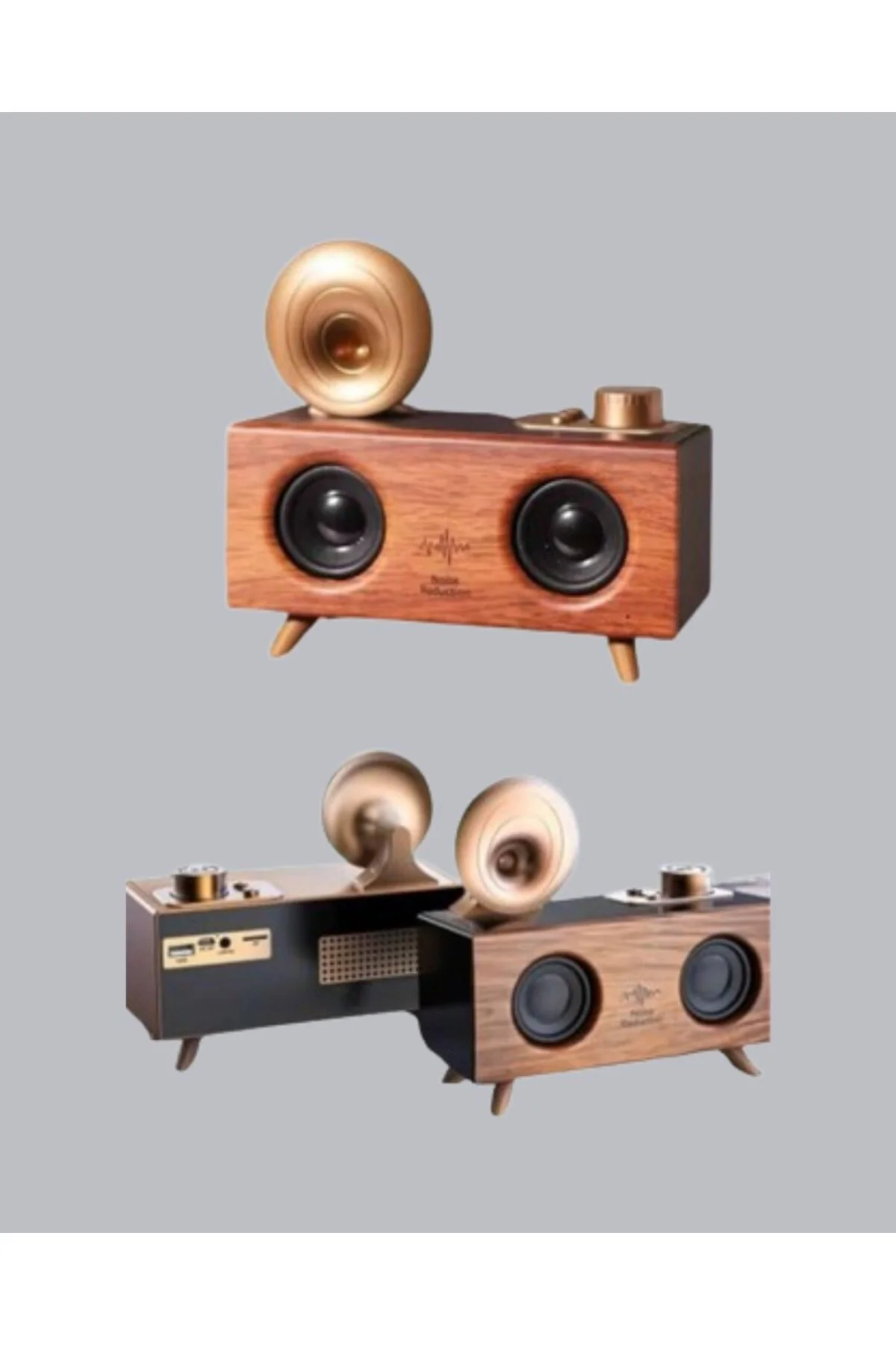 Çift Hoparlörlü Bluetooth Gramofon Speaker – FM Radyo, USB, SD Kart ve AUX Girişli