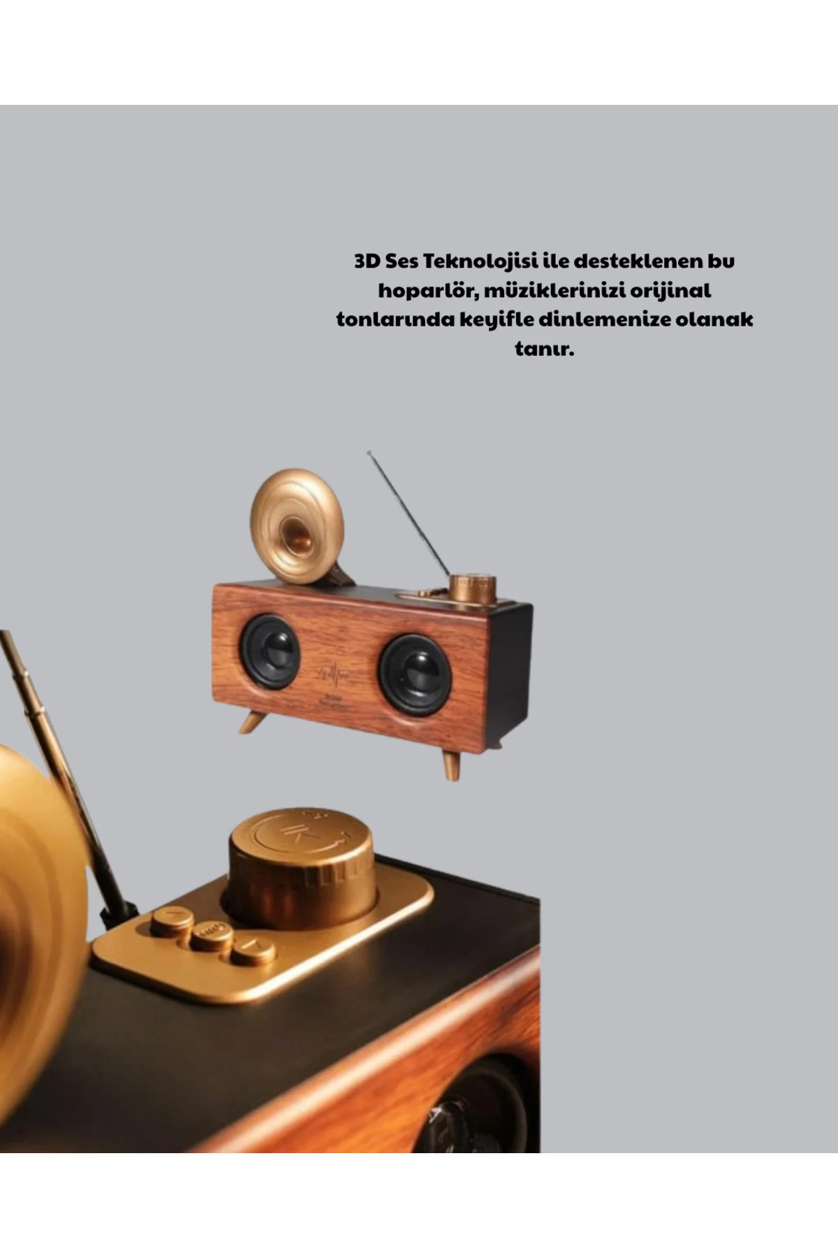 Çift Hoparlörlü Bluetooth Gramofon Speaker – FM Radyo, USB, SD Kart ve AUX Girişli