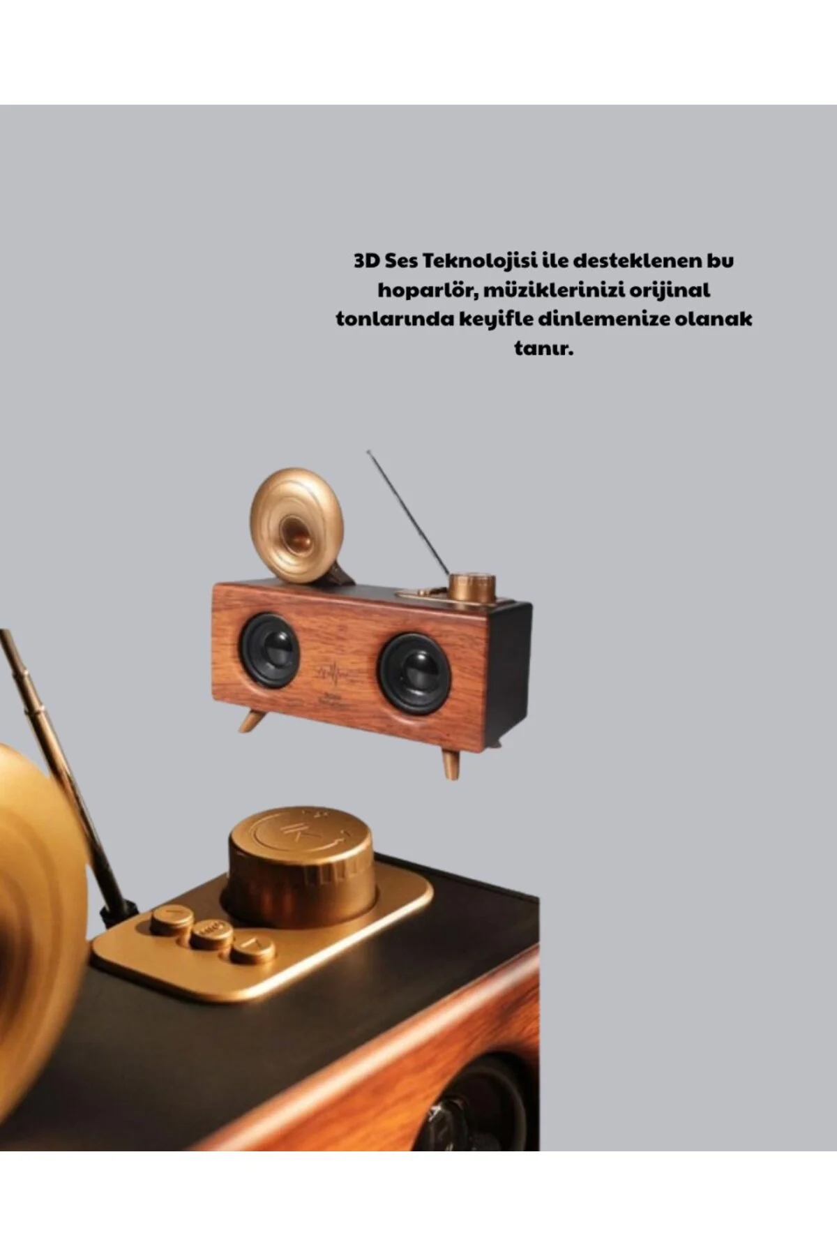 Çift Hoparlörlü Bluetooth Gramofon Speaker – FM Radyo, USB, SD Kart ve AUX Girişli
