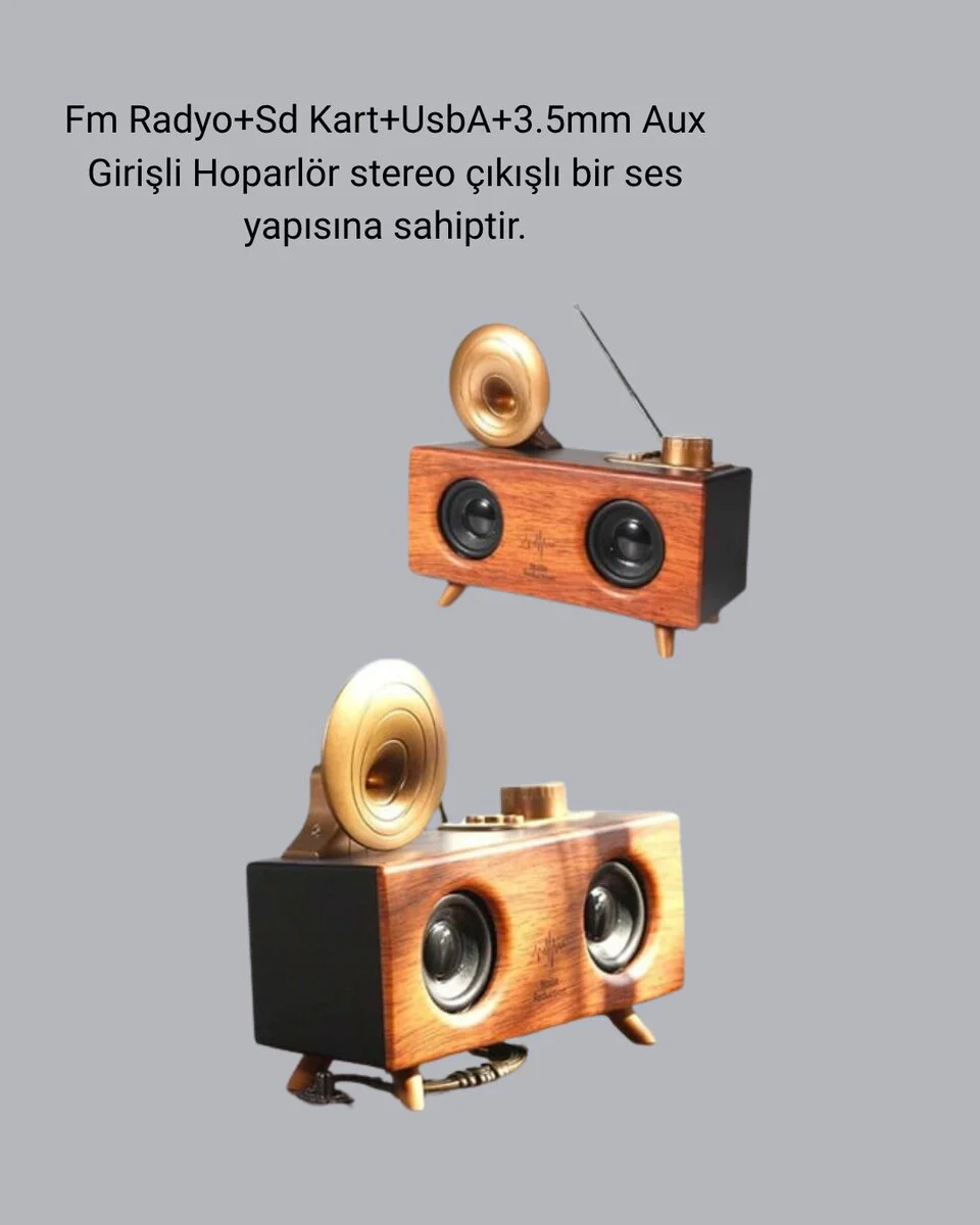 Çift Hoparlörlü Retro Bluetooth Speaker 1800mAh Bataryalı AUX USB SD Kartlı