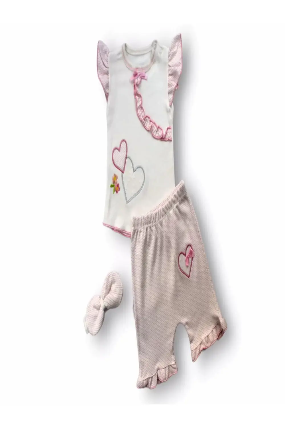 Çift Kalp Nakışlı Şort Tişört 3lü Kız Bebek Takımı Ekru