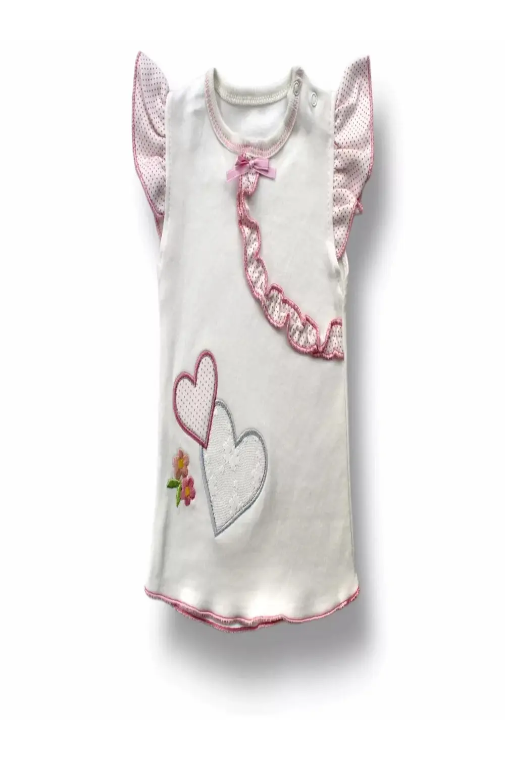 Çift Kalp Nakışlı Şort Tişört 3lü Kız Bebek Takımı Ekru