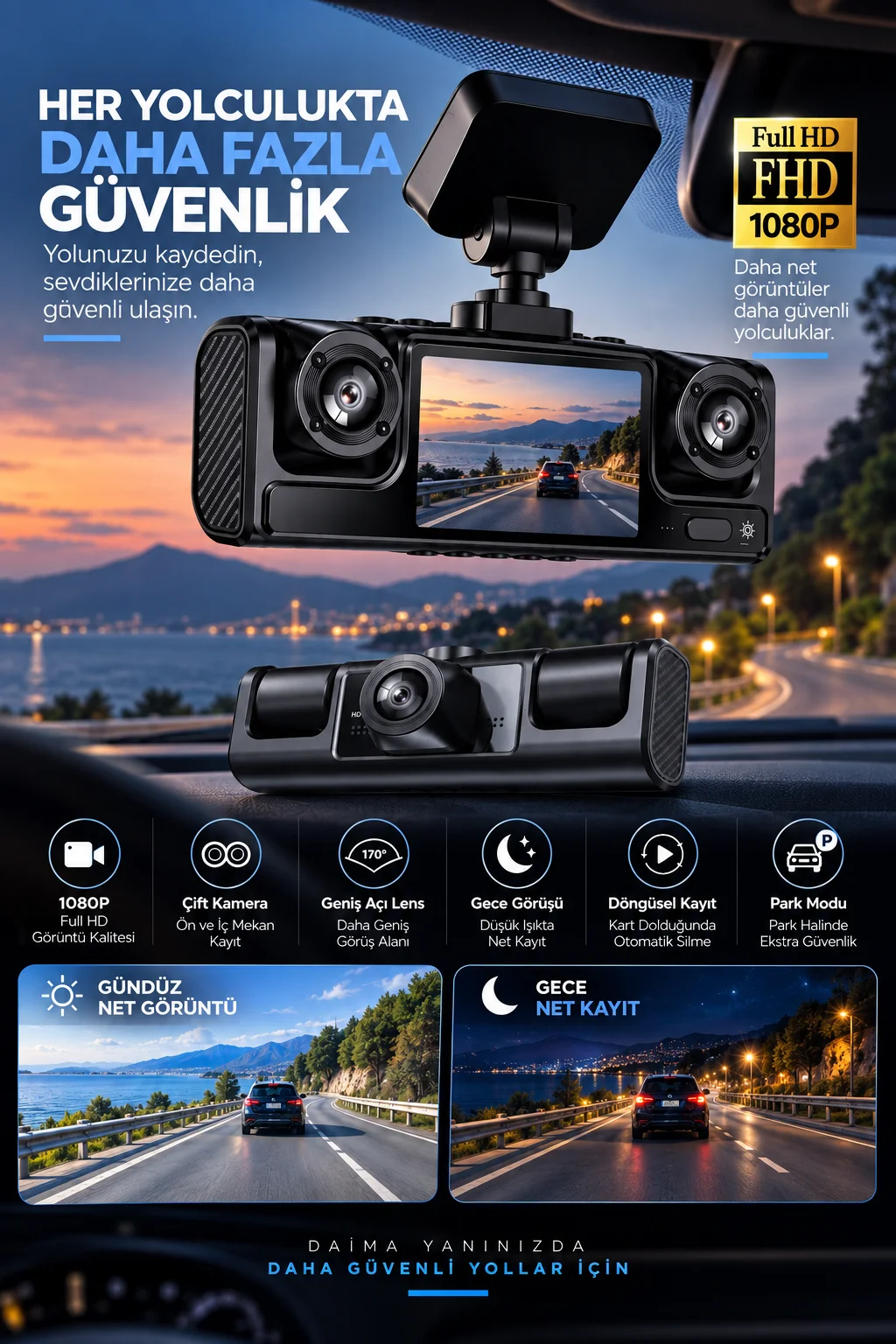 Çift Kameralı 1080P Full HD Araç Kayıt Kamerası